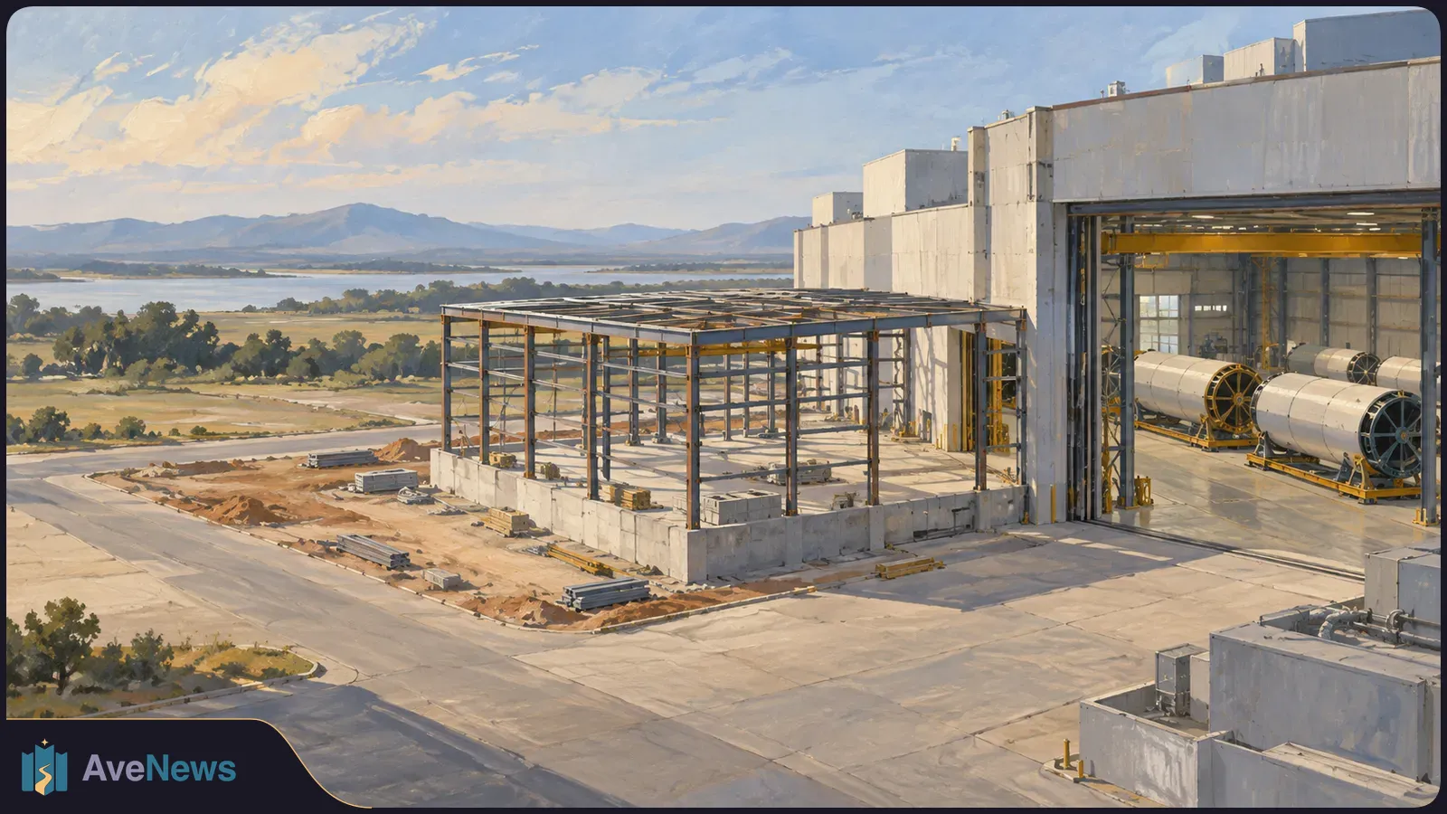 Painted view of a steel-frame extension beside a large industrial hangar, with cylindrical components inside and a lake and mountains beyond. SI illustration
