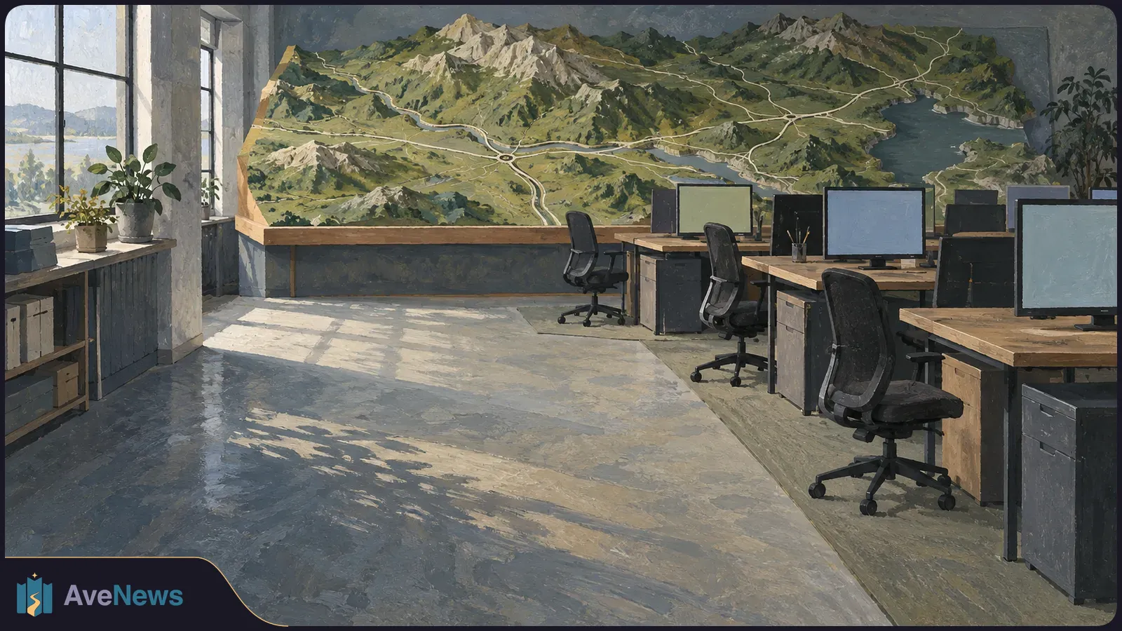 An empty painted office with blank monitors and desk chairs in front of a large relief map showing mountains, roads and a lake. SI illustration