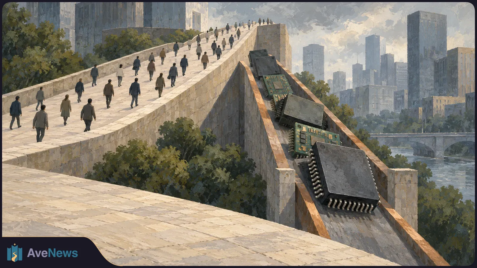 A painted city scene with people walking uphill on a stone walkway beside a sloping channel of large computer chips; buildings, trees and a river bridge fill the background. SI illustration