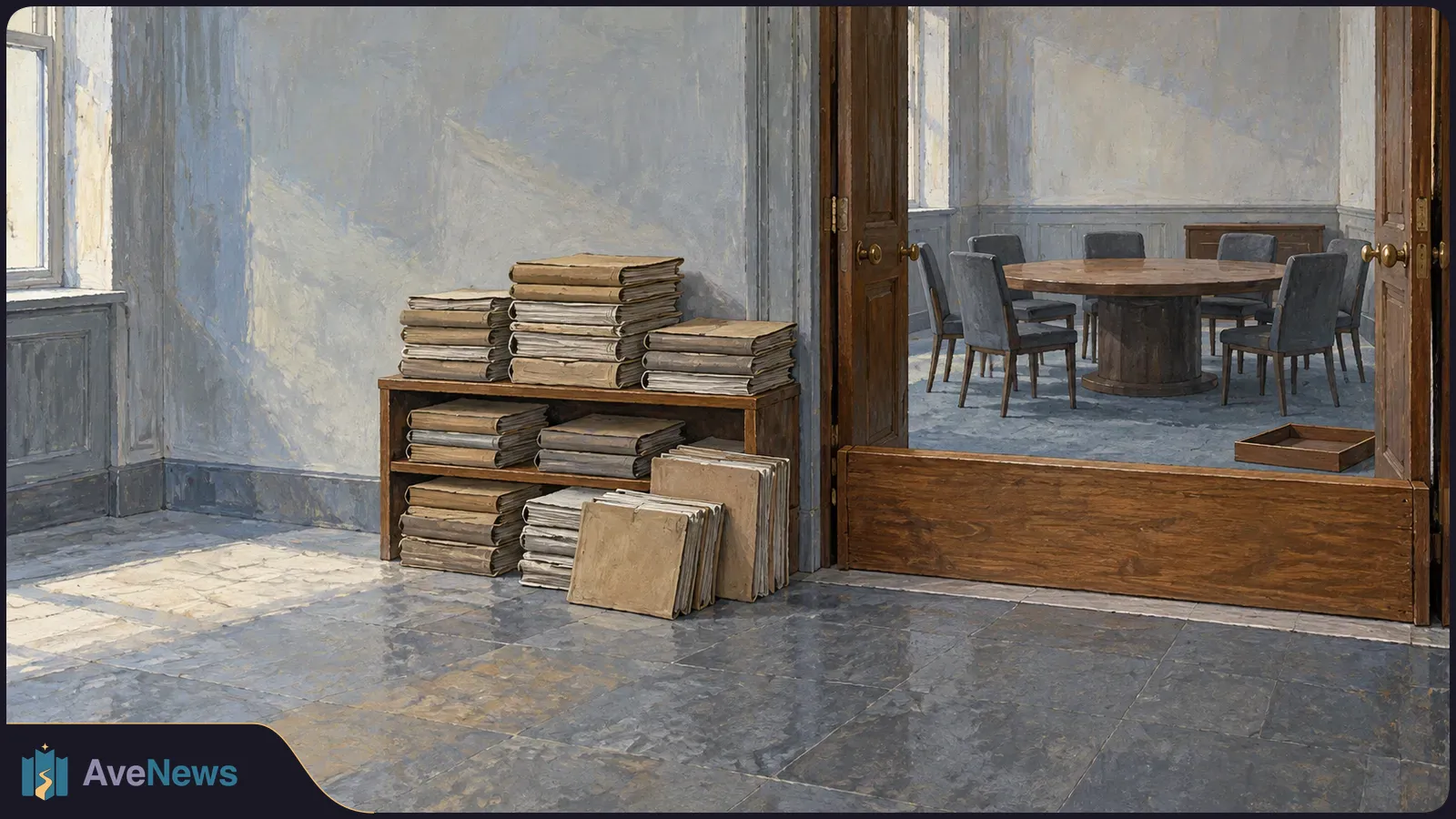 Painted scene of stacked folders beside an open doorway to an empty meeting room with a round table and chairs. SI illustration