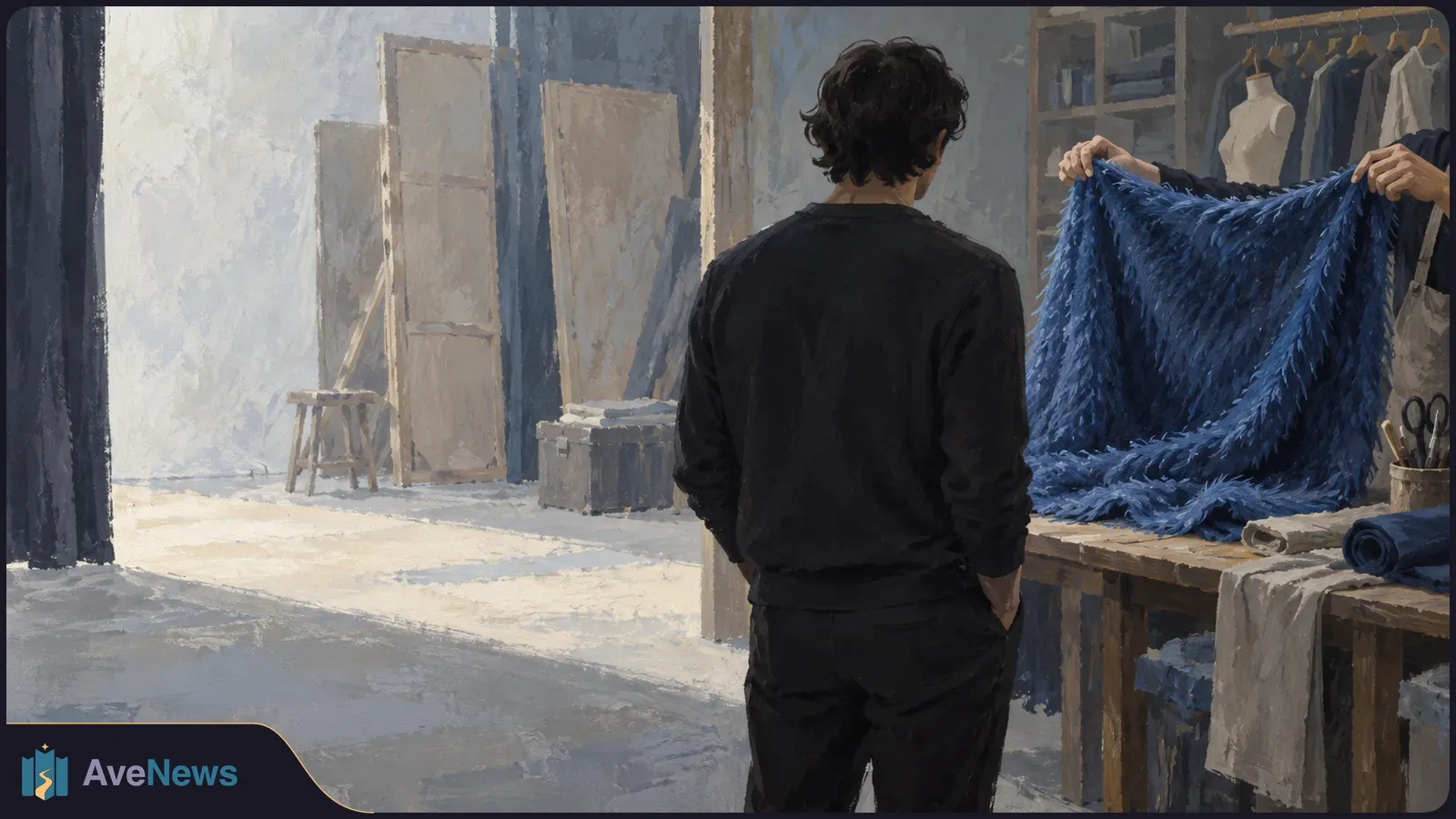 Painterly scene of a person seen from behind in a costume workshop, watching someone hold up a shaggy blue fabric beside a worktable. SI illustration