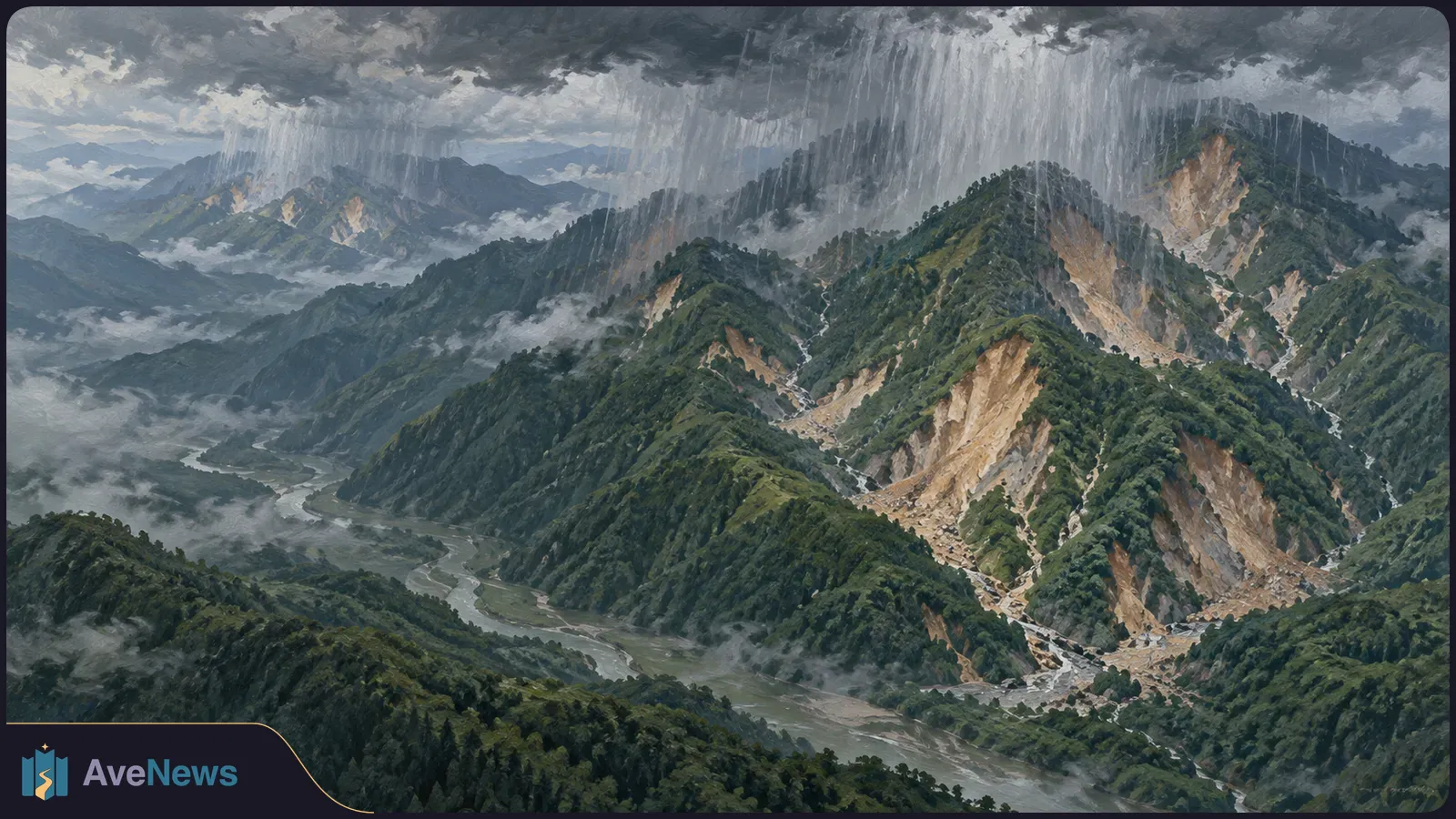 Heavy rain falls unevenly across steep, forested mountains, where several fresh landslide scars cut through the slopes above a winding river. SI illustration