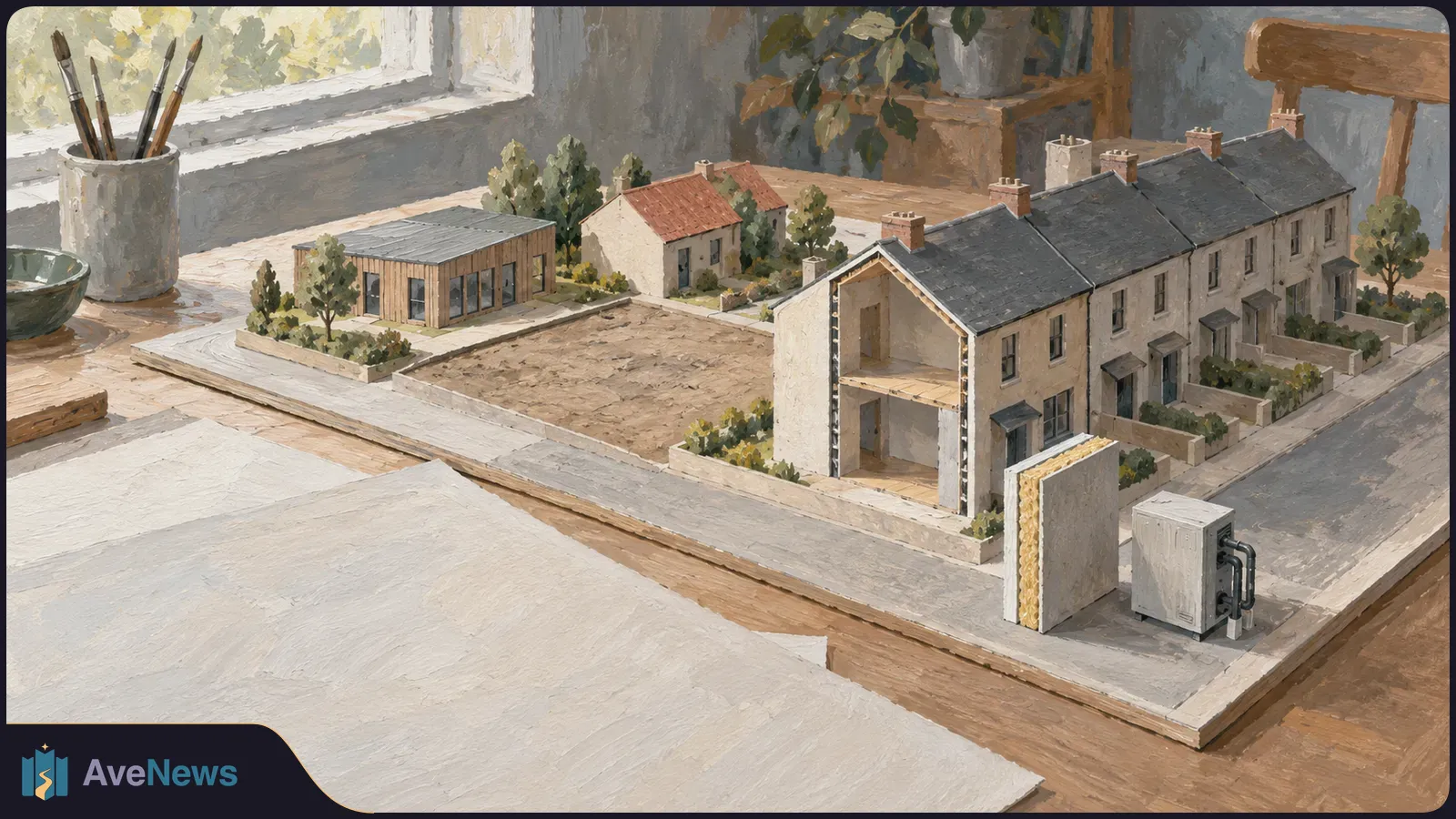 Painted tabletop model of a housing development, with a cutaway row house, smaller buildings, a layered wall sample and a box with pipes. SI illustration