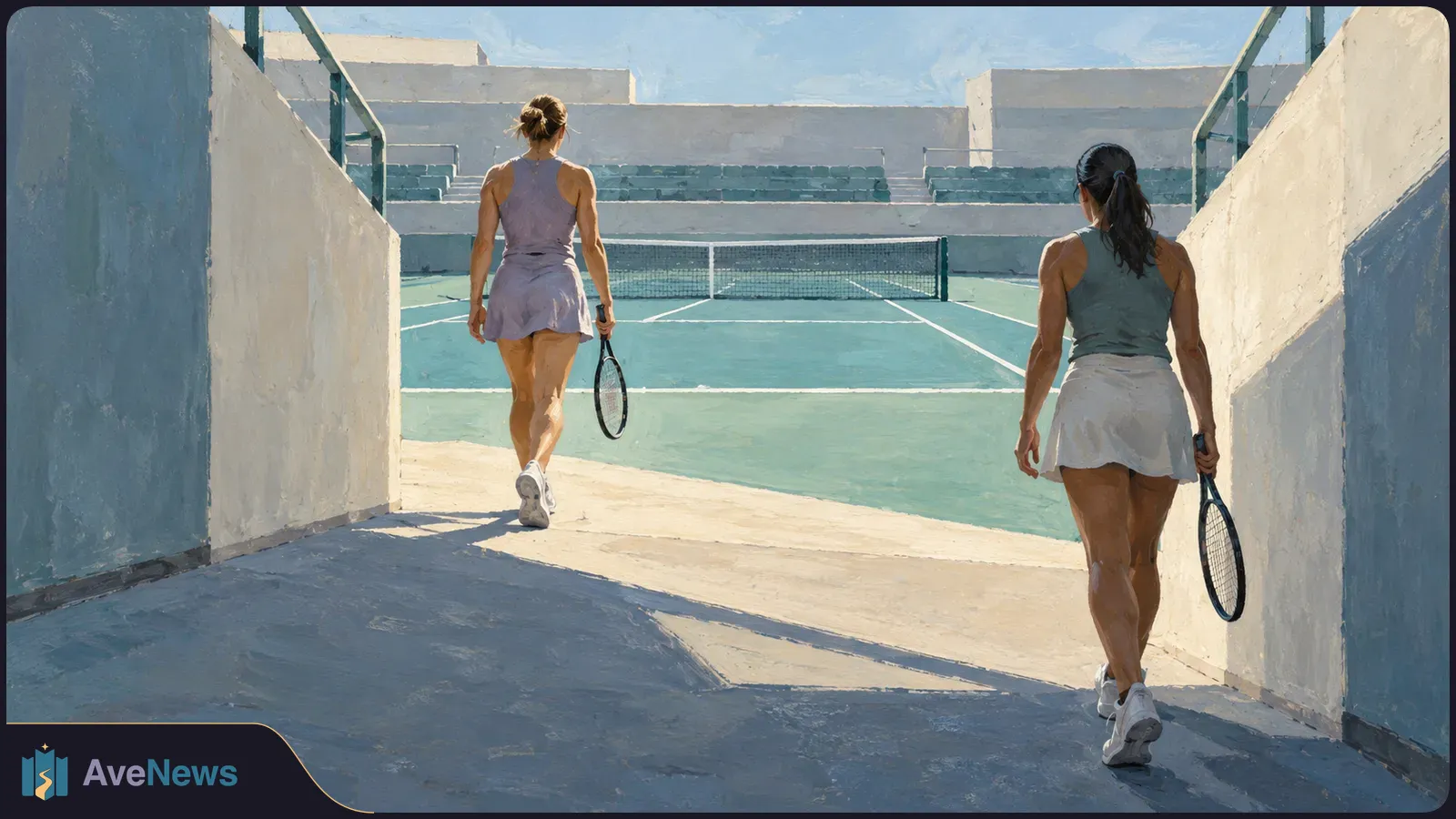 Illustration of two tennis players seen from behind, carrying rackets as they walk toward a sunlit court and net. SI illustration