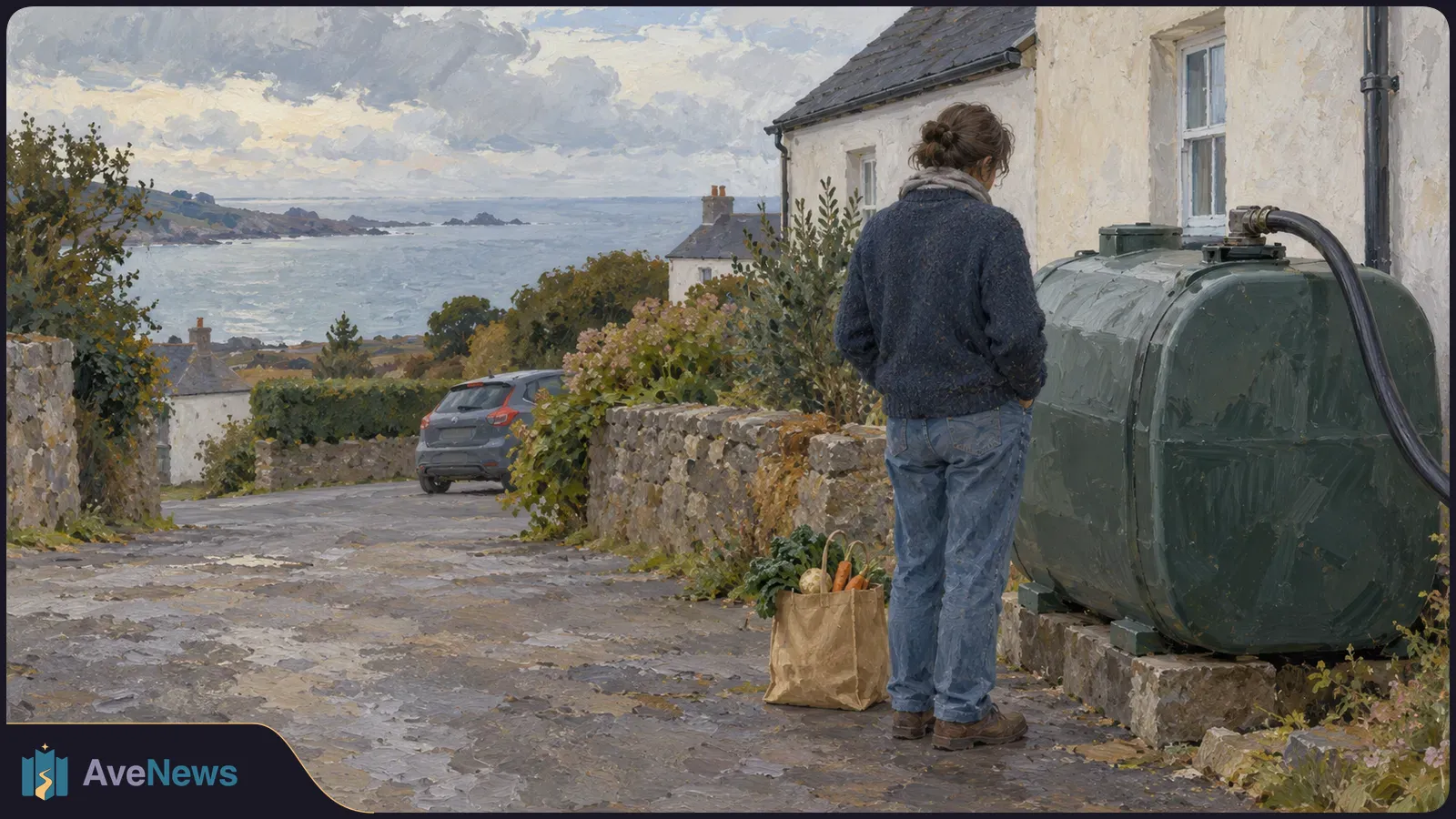 Painterly coastal street scene: a person stands beside a large green fuel tank outside a house, with a bag of vegetables nearby and the sea in the distance. SI illustration