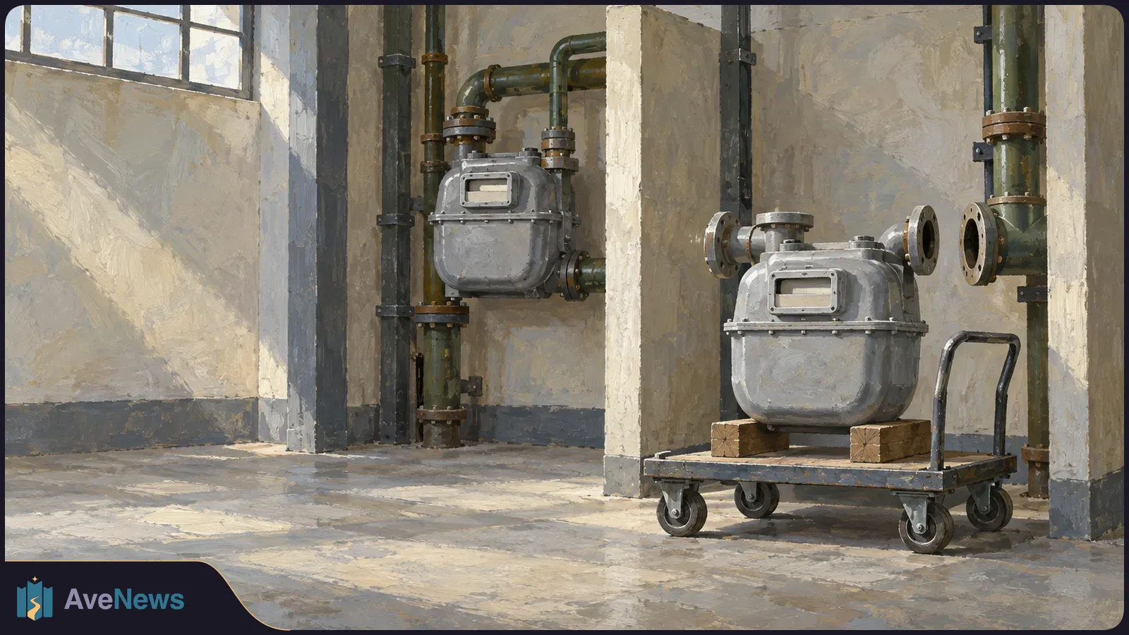 Painted industrial room with one gas meter connected to pipes and another resting on a wheeled trolley beside it. SI illustration