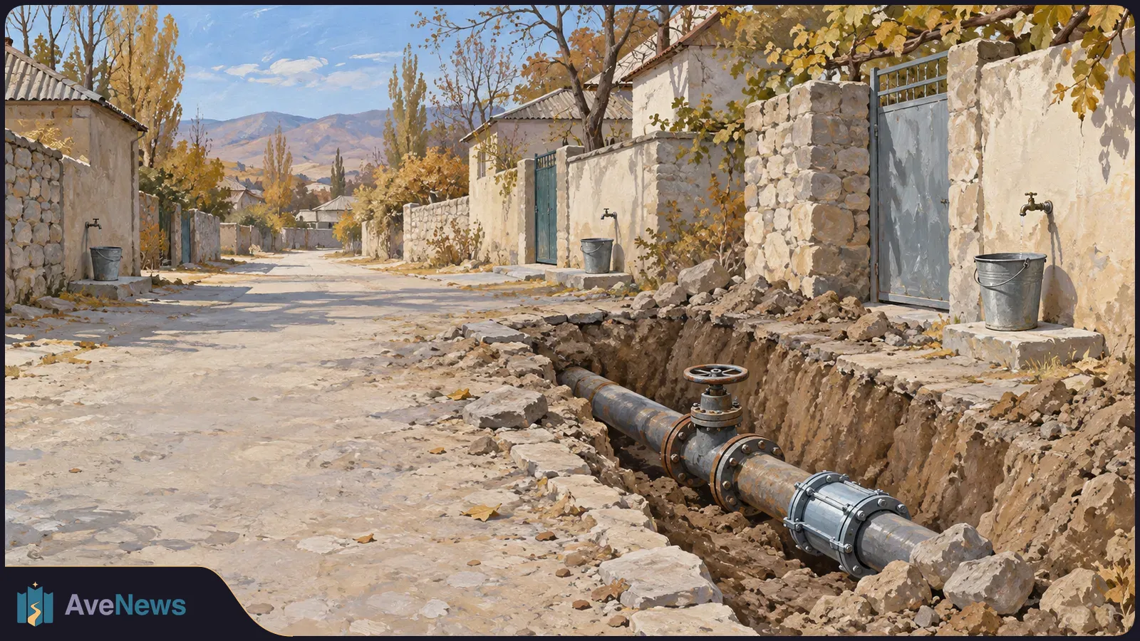 Painted village street with an open trench exposing a water pipe and valve; wall taps, metal buckets, autumn trees and hills are visible. SI illustration