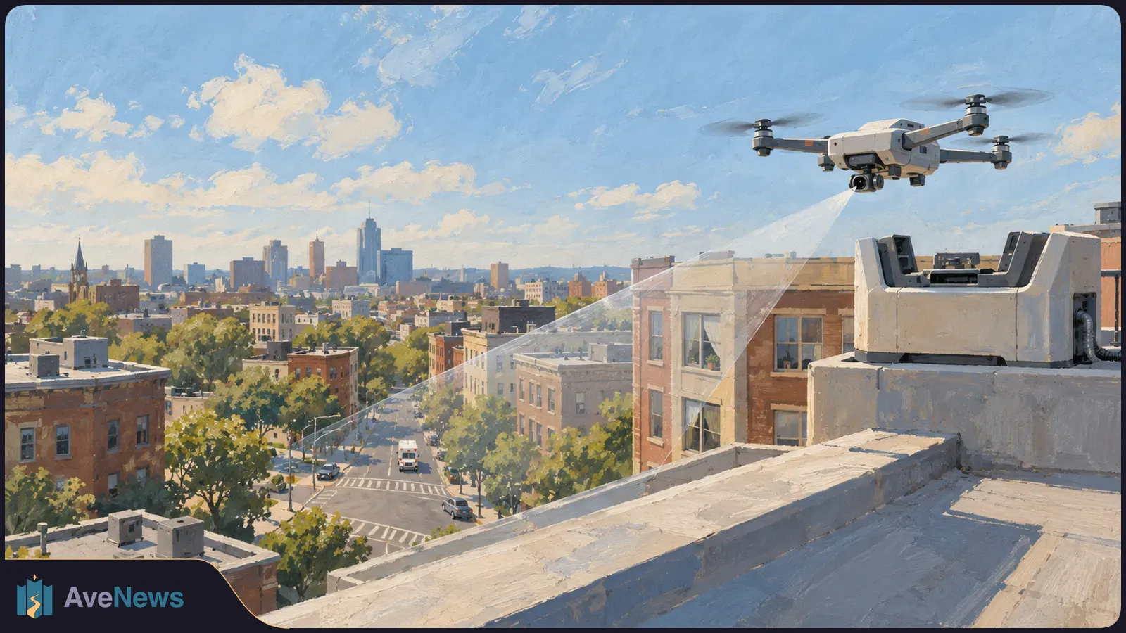 Painted cityscape with a camera drone above a rooftop dock. Translucent viewing beams extend toward a street with an ambulance below. SI illustration