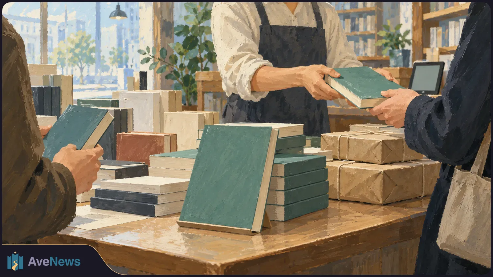Illustration of a bookstore counter piled with books and wrapped parcels. A person in an apron hands a green book to a customer while another customer holds a book. SI illustration