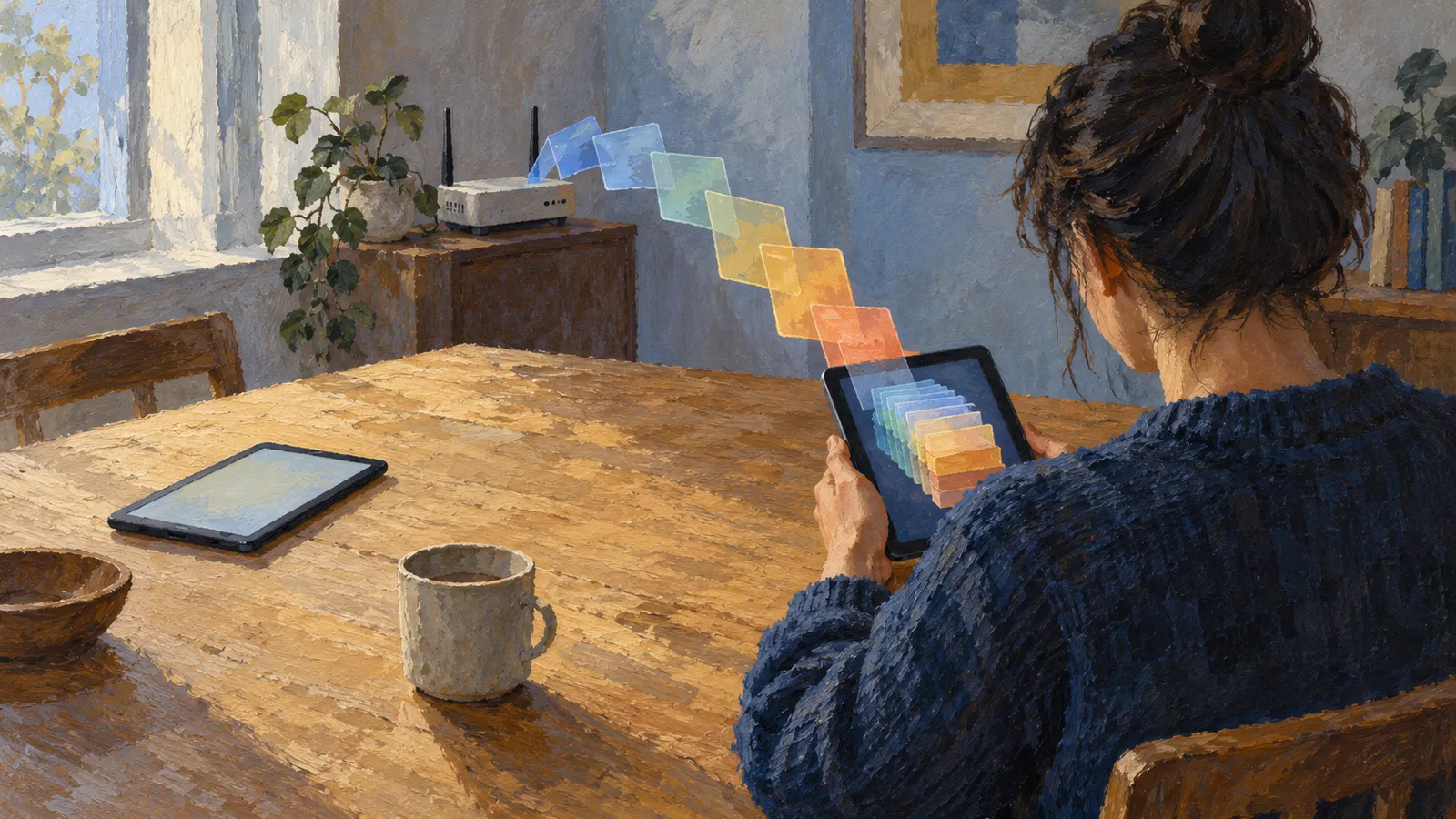 A painted scene of a person holding a tablet at a wooden table, with translucent colored squares arcing toward it from a router. Another tablet and a mug sit nearby. SI illustration