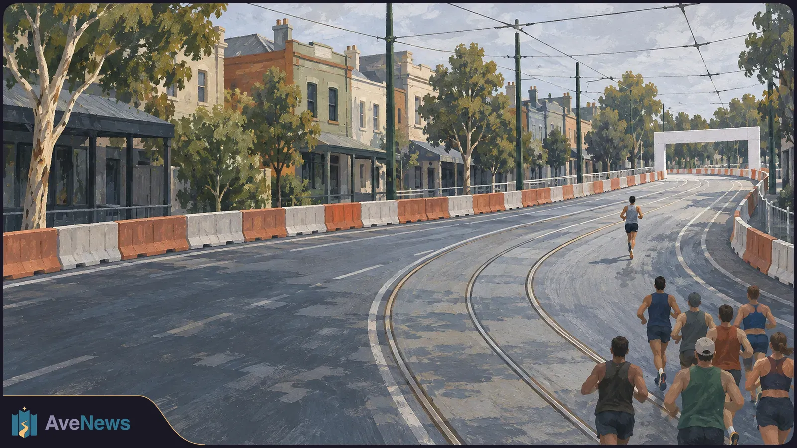 Painted scene of runners on a curving, tram-lined city street, with one runner ahead of the group and barriers lining the route. SI illustration