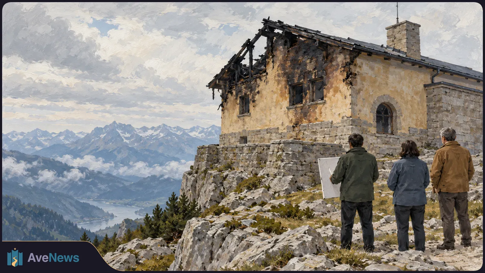 Painterly scene of three people facing a fire-damaged stone building on a rocky mountainside, with snowy peaks and a valley beyond. SI illustration
