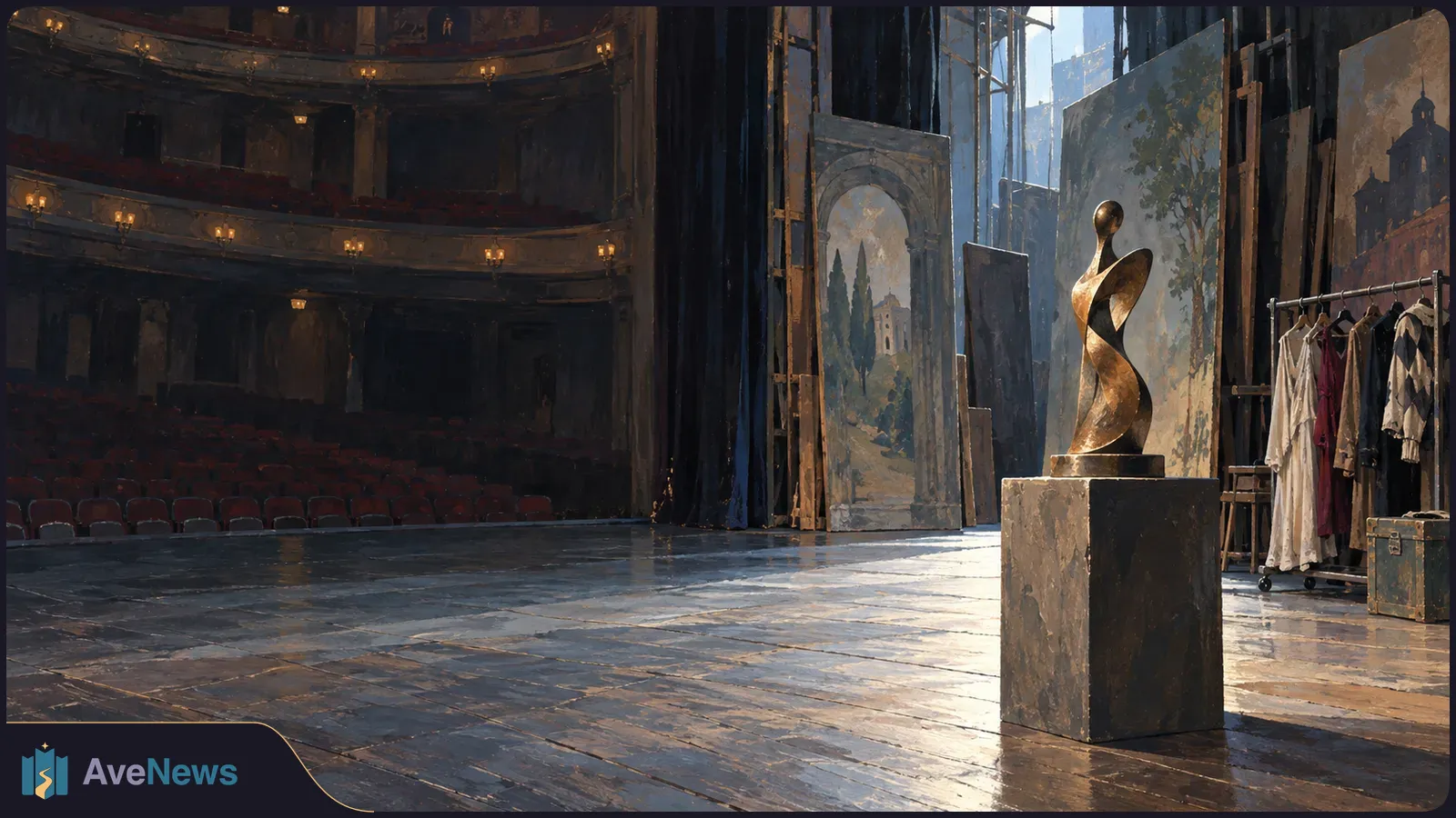 A painted theater stage with empty seats, scenic panels, costumes on a rack, and an abstract gold sculpture on a pedestal. SI illustration