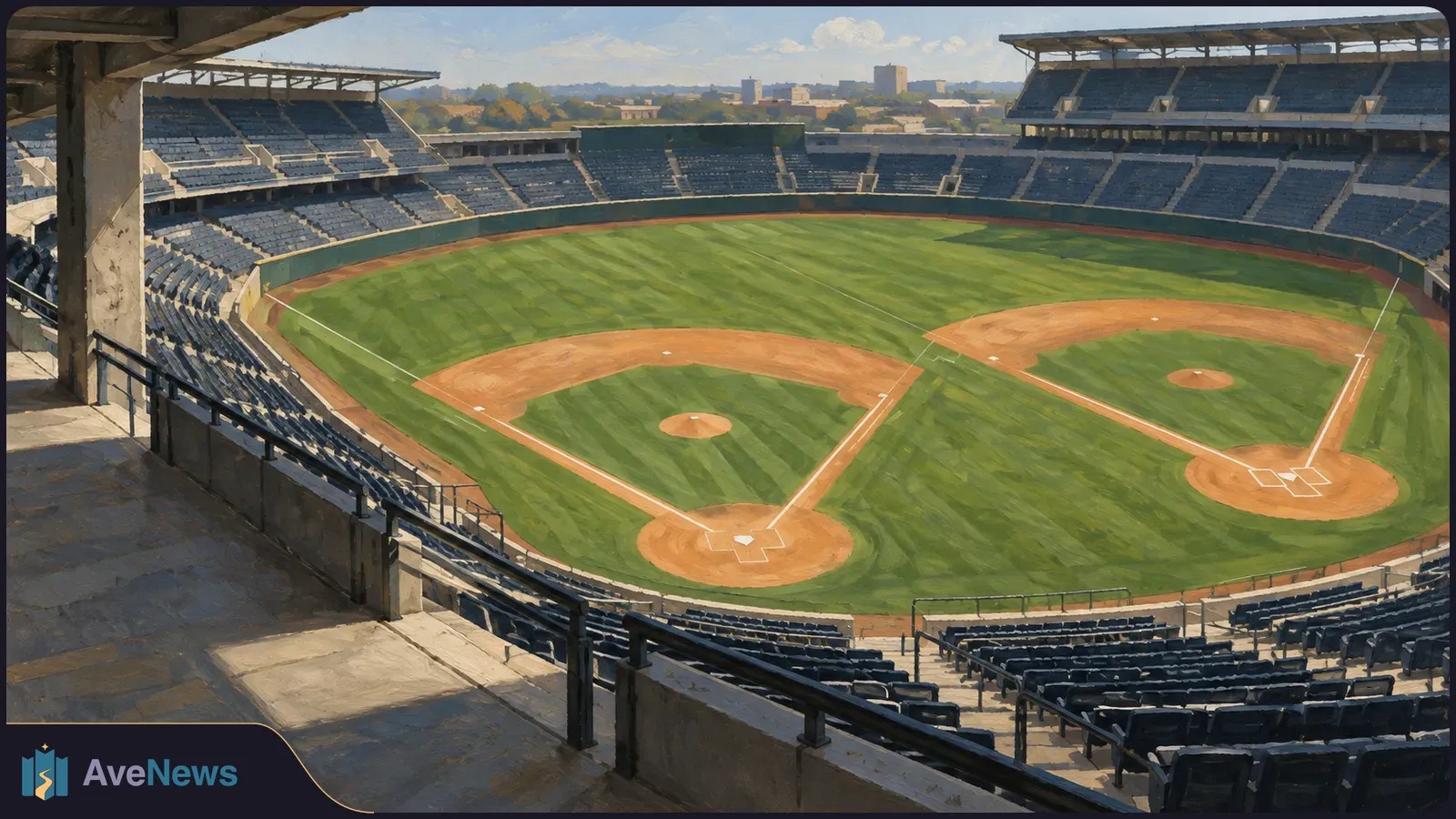 Painterly view from the stands of an empty baseball stadium with two diamonds laid out side by side on the grass. SI illustration