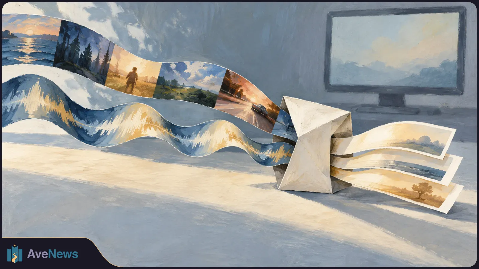 Painted scene of landscape images flowing in wavy strips from a paper envelope, with a monitor showing a pale mountain landscape in the background. SI illustration