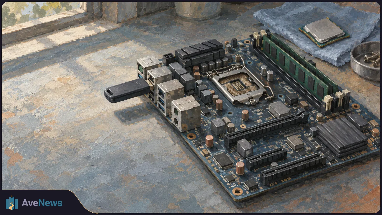 Painted motherboard with an empty processor socket, a memory module and an inserted USB drive; a separate processor rests on a cloth nearby. SI illustration
