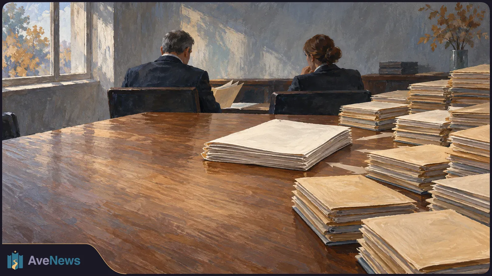 Painterly illustration of two people seen from behind at a table, with stacks of papers in the foreground and sunlight coming through a window. SI illustration