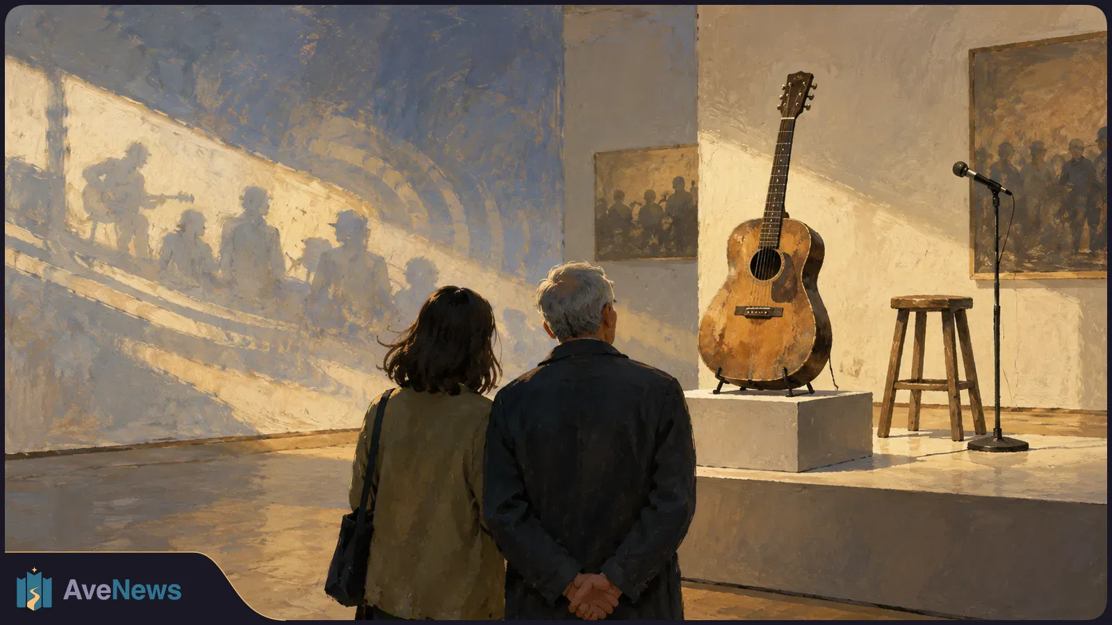 Two visitors viewed from behind face a guitar on a pedestal in a gallery. A microphone, stool and paintings of musicians surround it. SI illustration