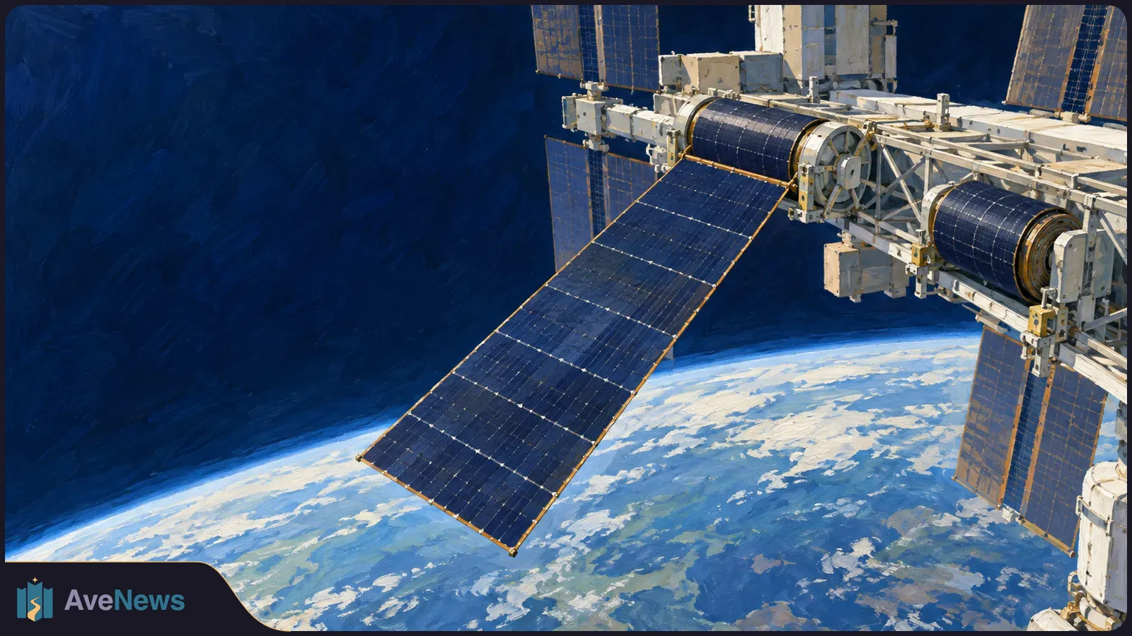 Painted view of a space station’s white framework and dark blue solar arrays above Earth’s curved, cloud-streaked horizon. SI illustration
