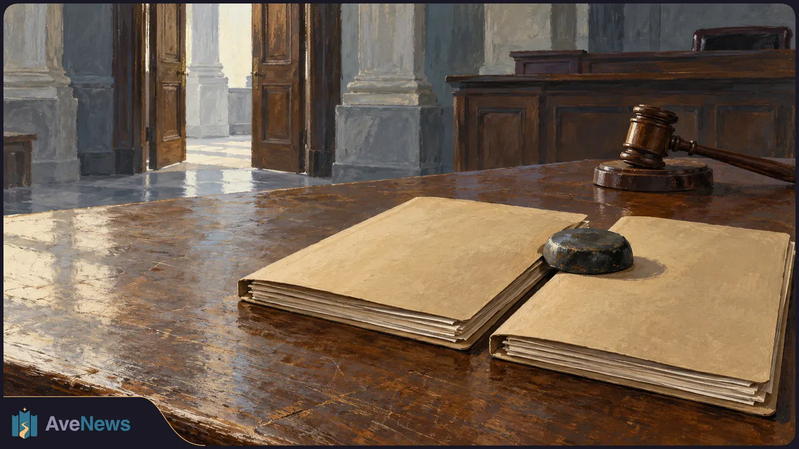 Painterly courtroom interior with a wooden gavel on a block, two plain file folders and a dark round object on a large table. Open doors let in light. SI illustration