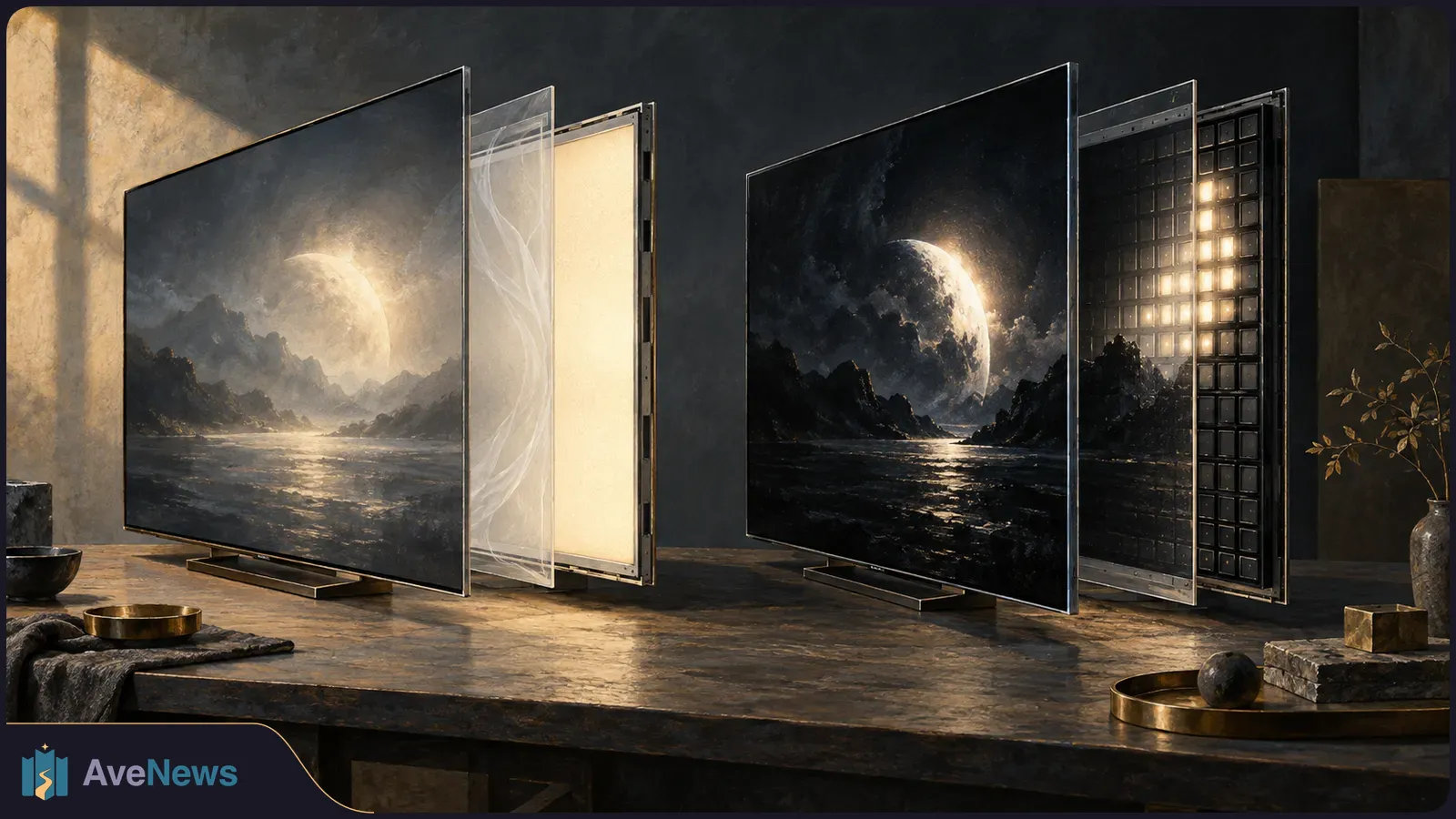 Two TVs on a table show moonlit landscapes, with translucent sheets and illuminated backlight layers separated behind their screens. SI illustration