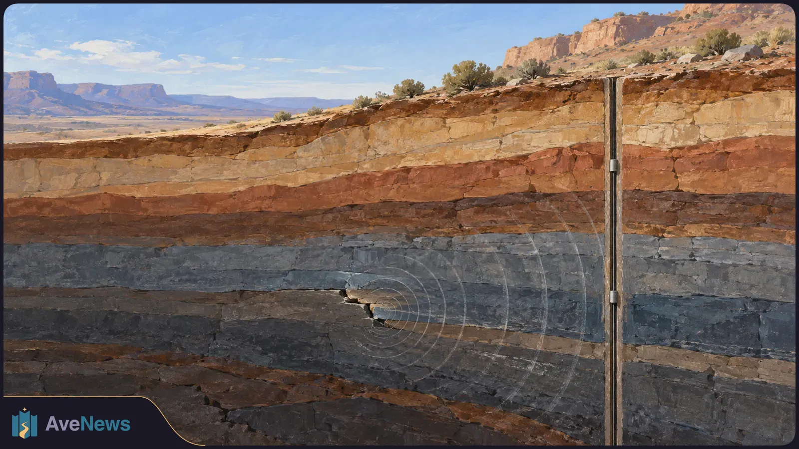 Illustrated desert cross-section with layered rock, a vertical cable in a borehole, and faint concentric rings around an underground crack. SI illustration