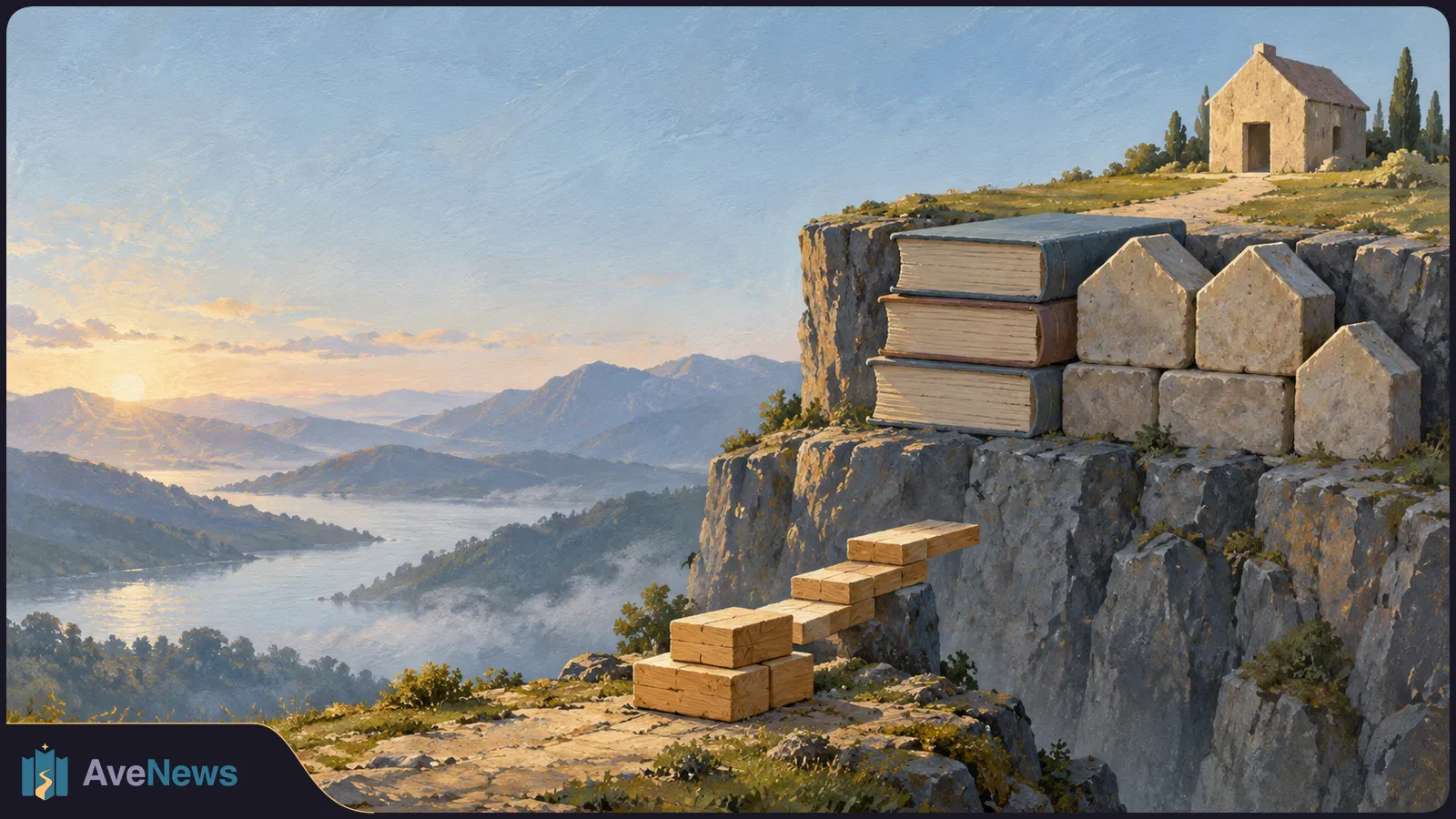Painted sunset landscape with a river valley, books and house-shaped stone blocks on a cliff, wooden steps below, and a small house above. SI illustration