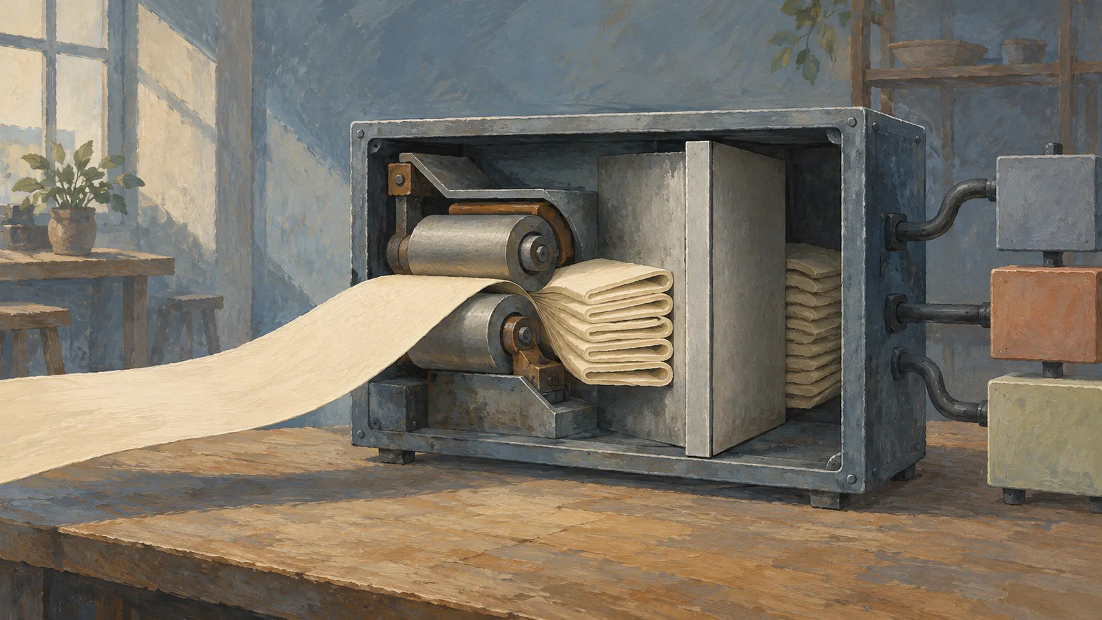 A painted cutaway of a metal machine with rollers and folded cream-colored sheets, connected to three boxes on a wooden table. SI illustration