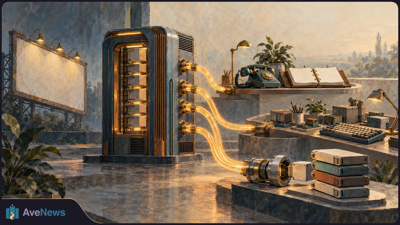 Painterly scene of a tall equipment cabinet linked by glowing tubes to desks with a rotary phone, keyboard and stacked electronic modules; a blank billboard stands at left. SI illustration