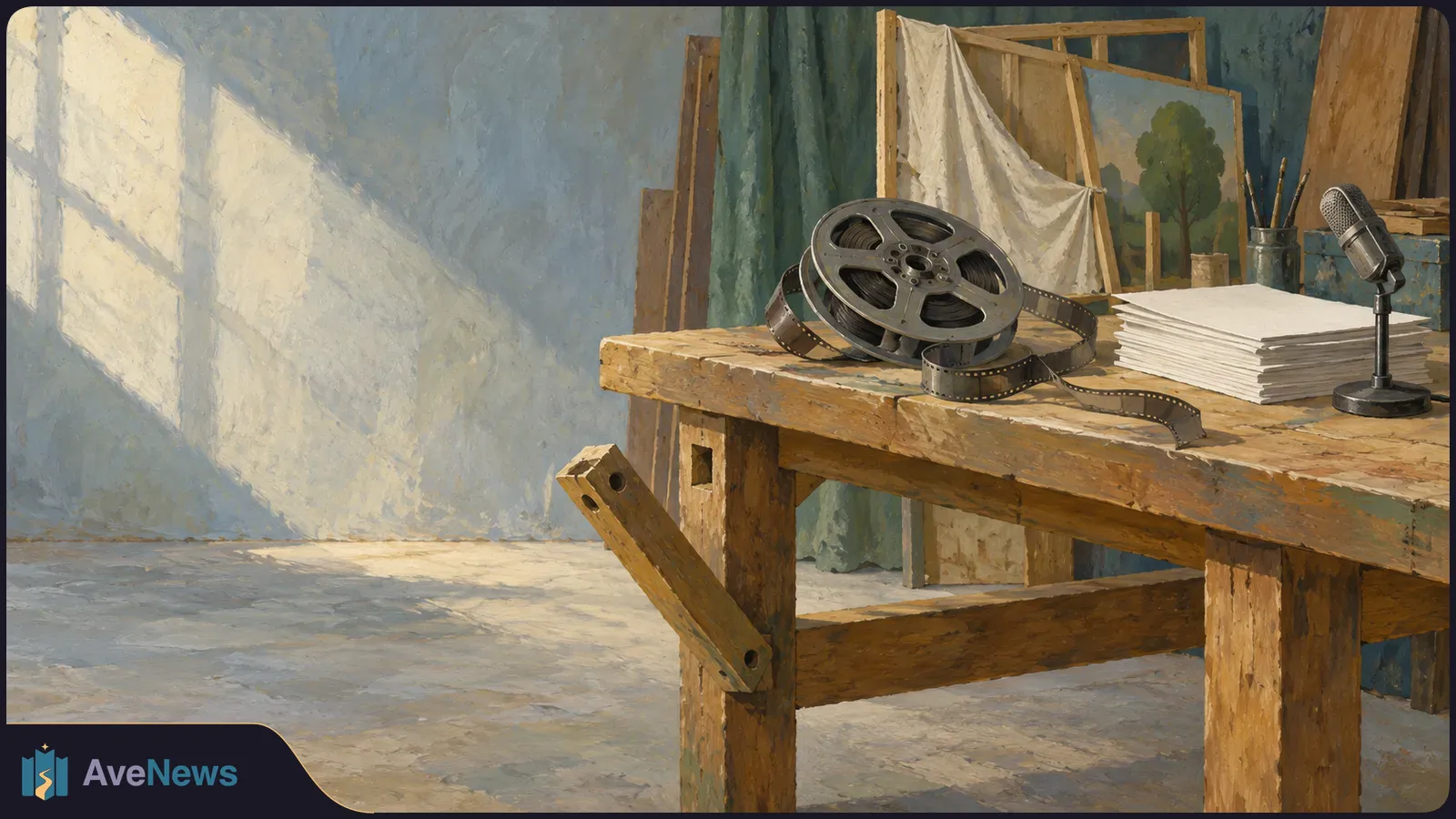 Painted scene of a wooden worktable with a film reel and strip, a stack of papers and a microphone; canvases and brushes stand behind it. SI illustration
