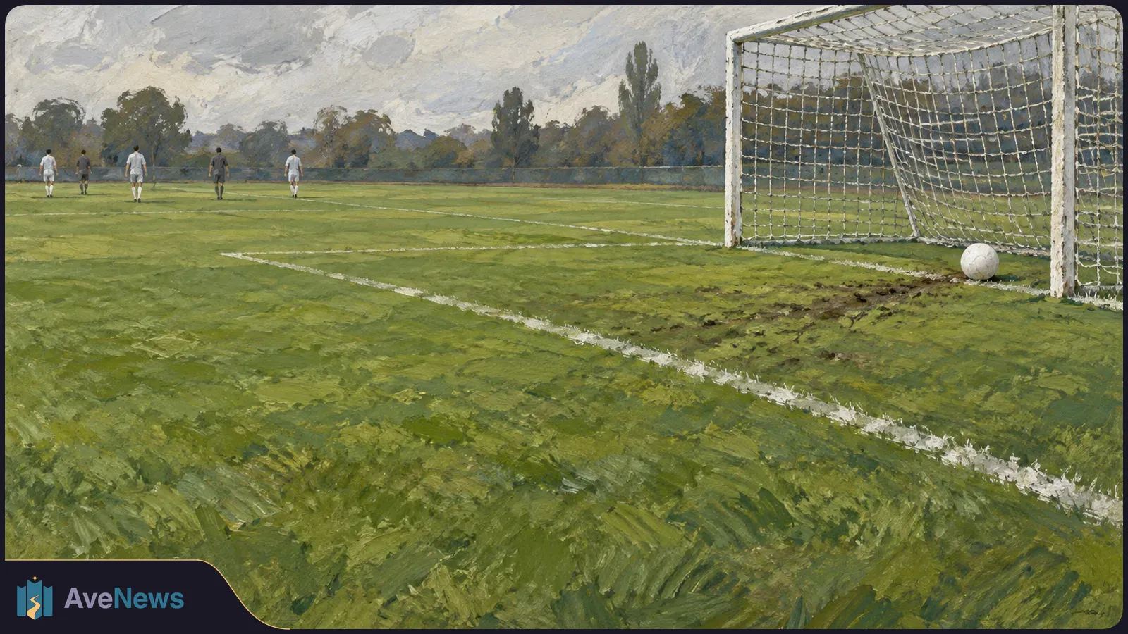 A painted football pitch with five distant players walking away. A white ball rests beside the goal on the right under a cloudy sky. SI illustration