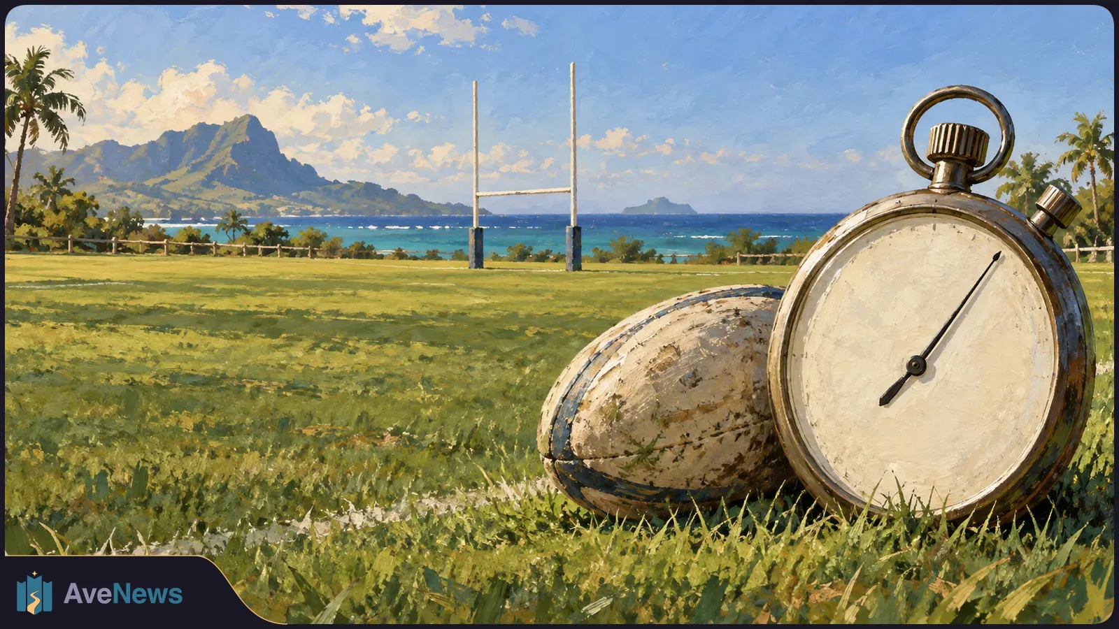 A painted rugby ball and oversized stopwatch rest on a grassy field, with goalposts, sea and mountains behind them. SI illustration