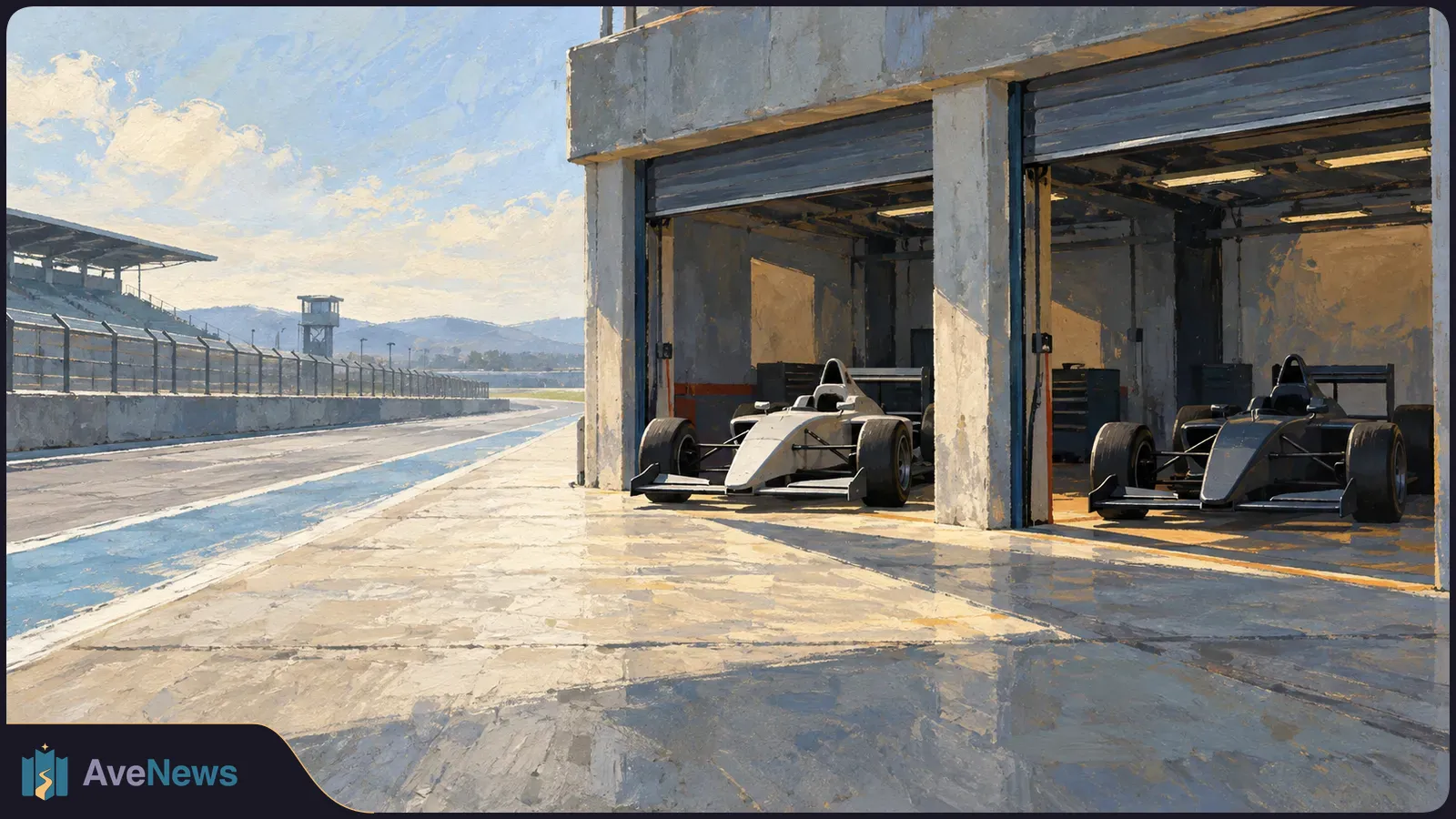 Painterly view of two open-wheel race cars in pit garages beside an empty racetrack under a bright sky. SI illustration