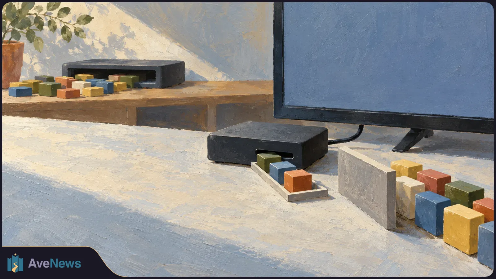 Painted scene of a blank blue TV screen, two black slot-like devices, and colorful cubes; a low divider separates one row of cubes from the nearer device. SI illustration