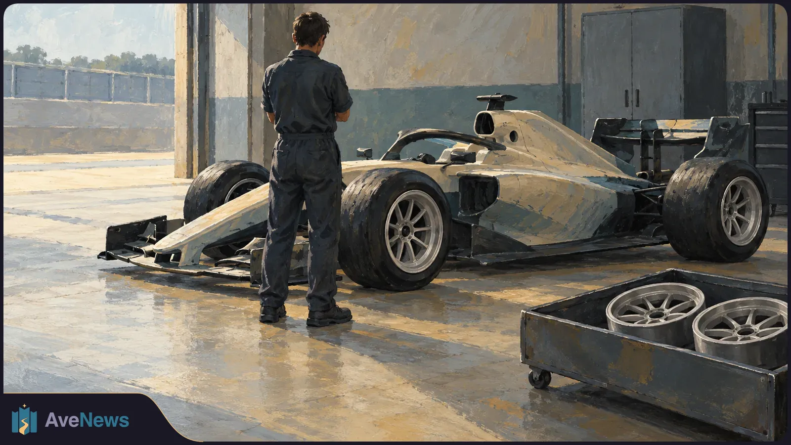 Painted scene of a person in dark overalls standing beside an unmarked open-wheel race car in a garage; two spare wheel rims sit in a cart nearby. SI illustration