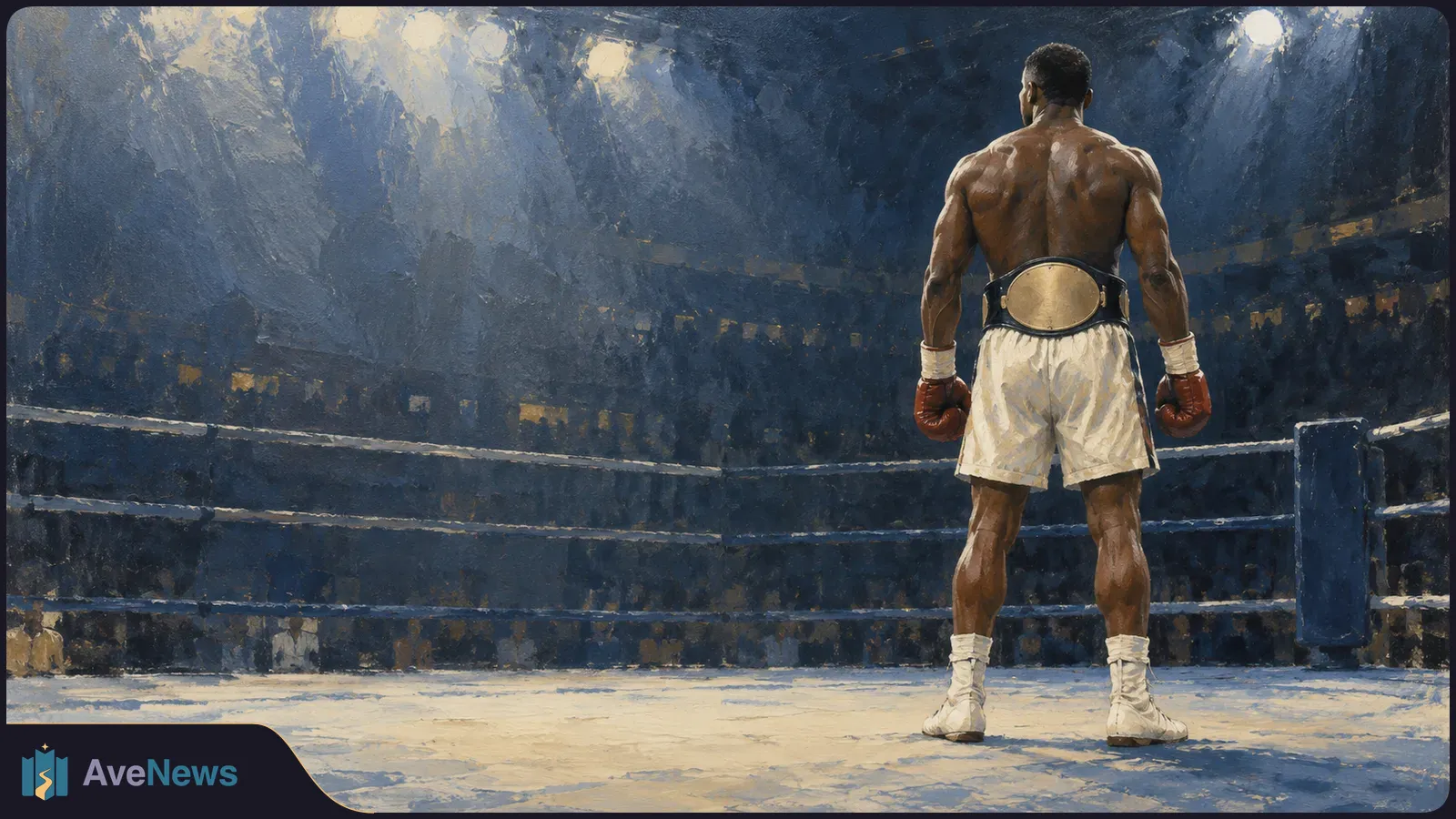 Painterly illustration of a boxer seen from behind in a ring, wearing red gloves, white shorts and a gold championship belt beneath arena lights. SI illustration