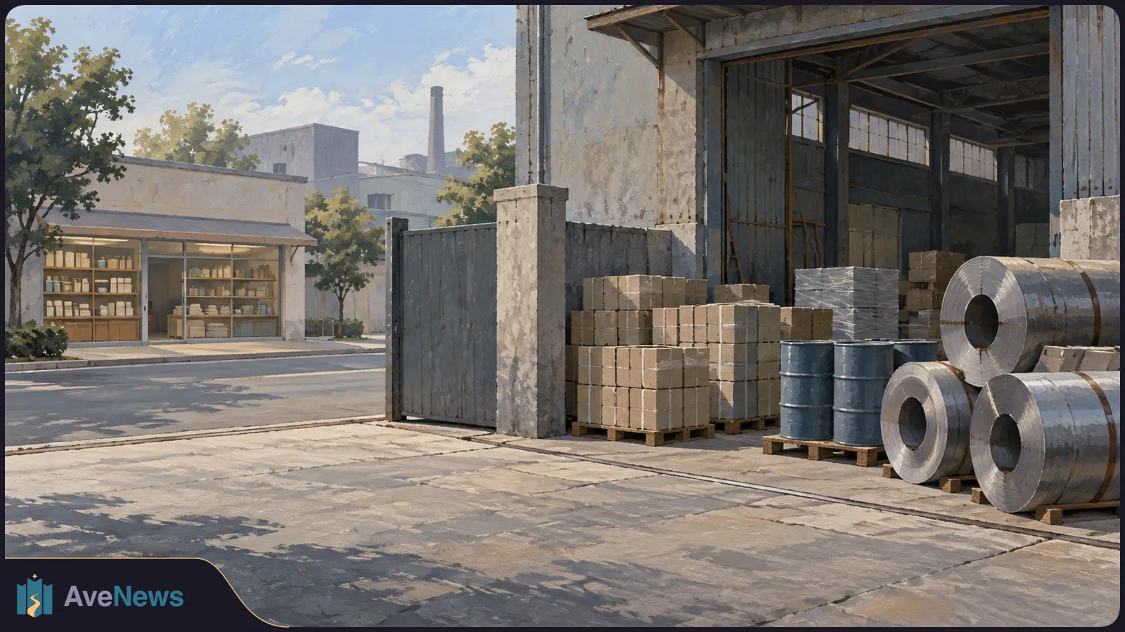 Painterly view of a warehouse with stacked boxes, metal coils and barrels beside a road; a small shop stands across the street. SI illustration