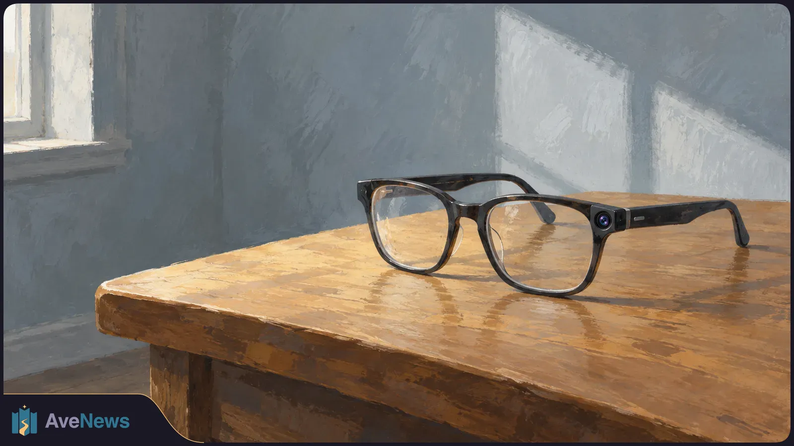 Black-framed glasses with a small camera at the hinge rest on a wooden table beside a sunlit window. SI illustration
