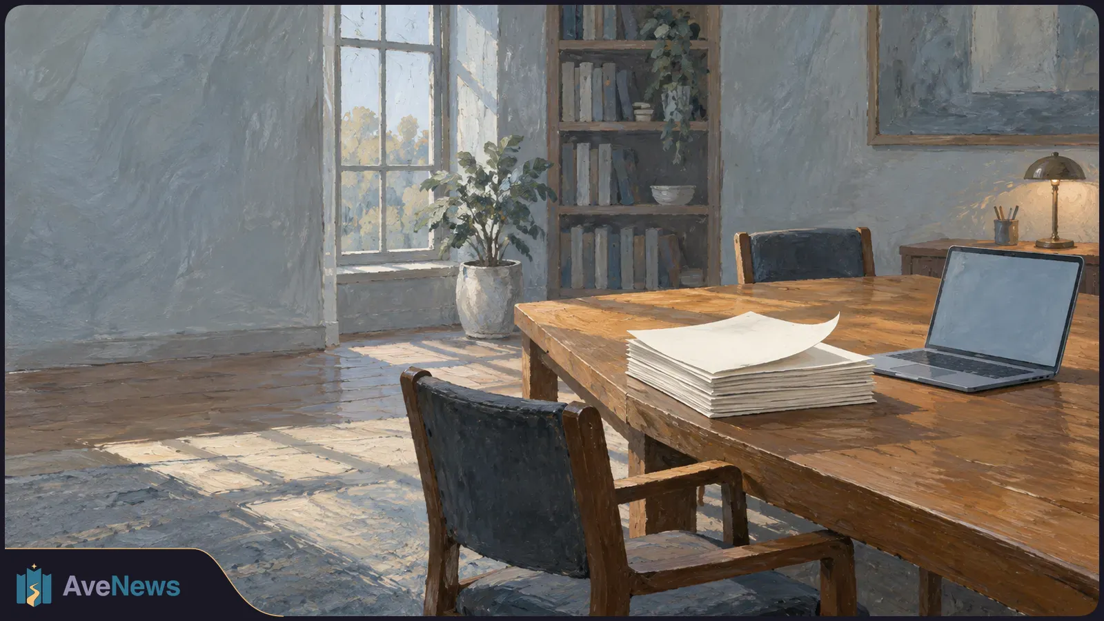 Painted study with a stack of blank papers and an open laptop on a wooden table, beside chairs, bookshelves, plants and a sunlit window. SI illustration