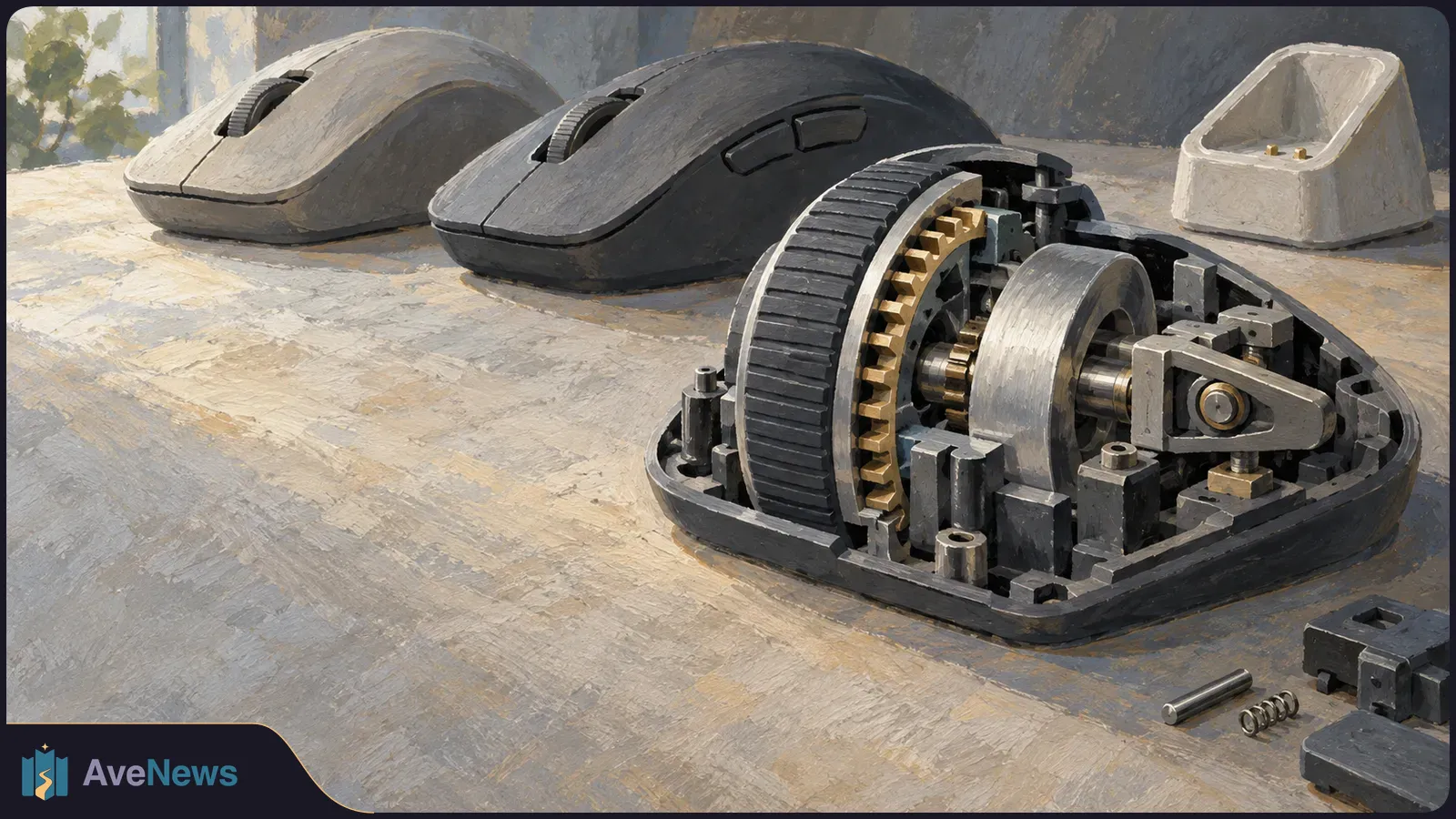 Two computer mice sit behind an opened mouse showing its scroll-wheel mechanism. A charging dock and small loose parts rest on the desk. SI illustration