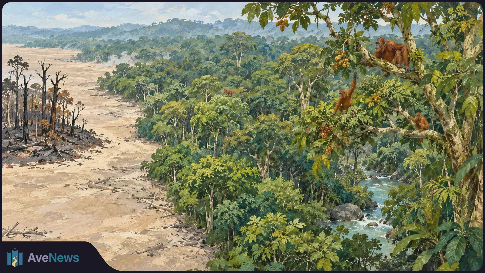 Painted rainforest scene with orangutans in fruiting trees beside a river; a broad cleared area with charred trees lies to the left. SI illustration