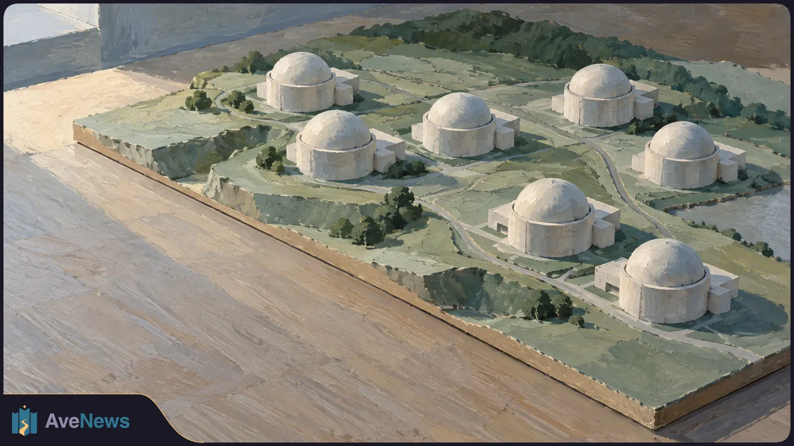 Painterly view of a tabletop terrain model with seven pale domed buildings, winding roads and scattered trees. SI illustration