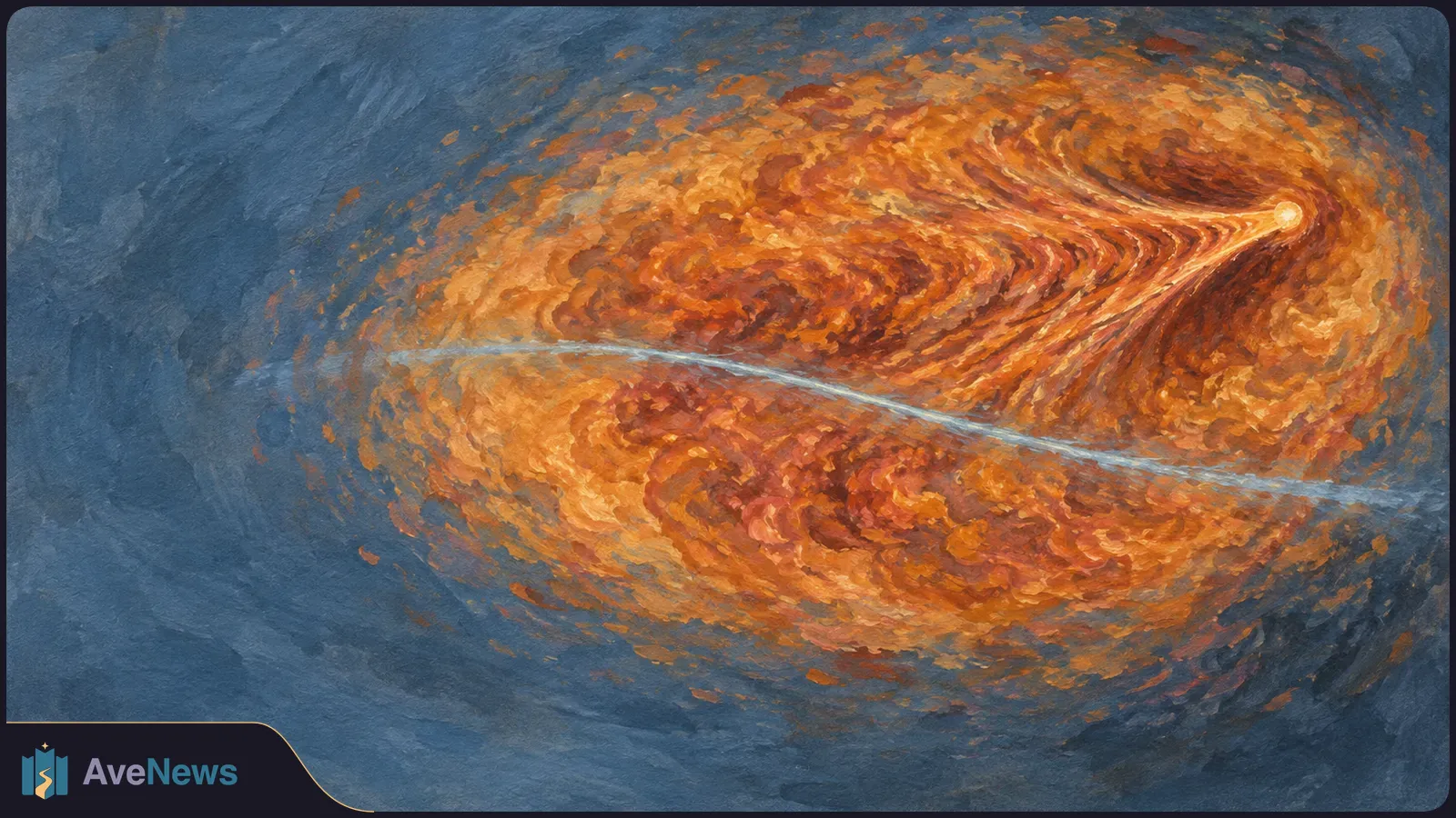 Painted orange swirls surround a bright point with a tapered trail. A thin pale blue streak crosses the swirls against a dark blue background. SI illustration