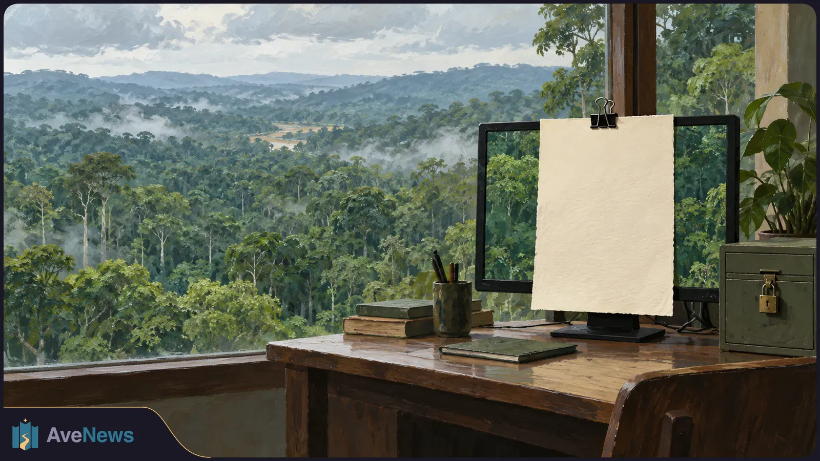 A blank sheet clipped over a monitor sits beside a padlocked metal box on a desk, with a misty rainforest visible through the window. SI illustration