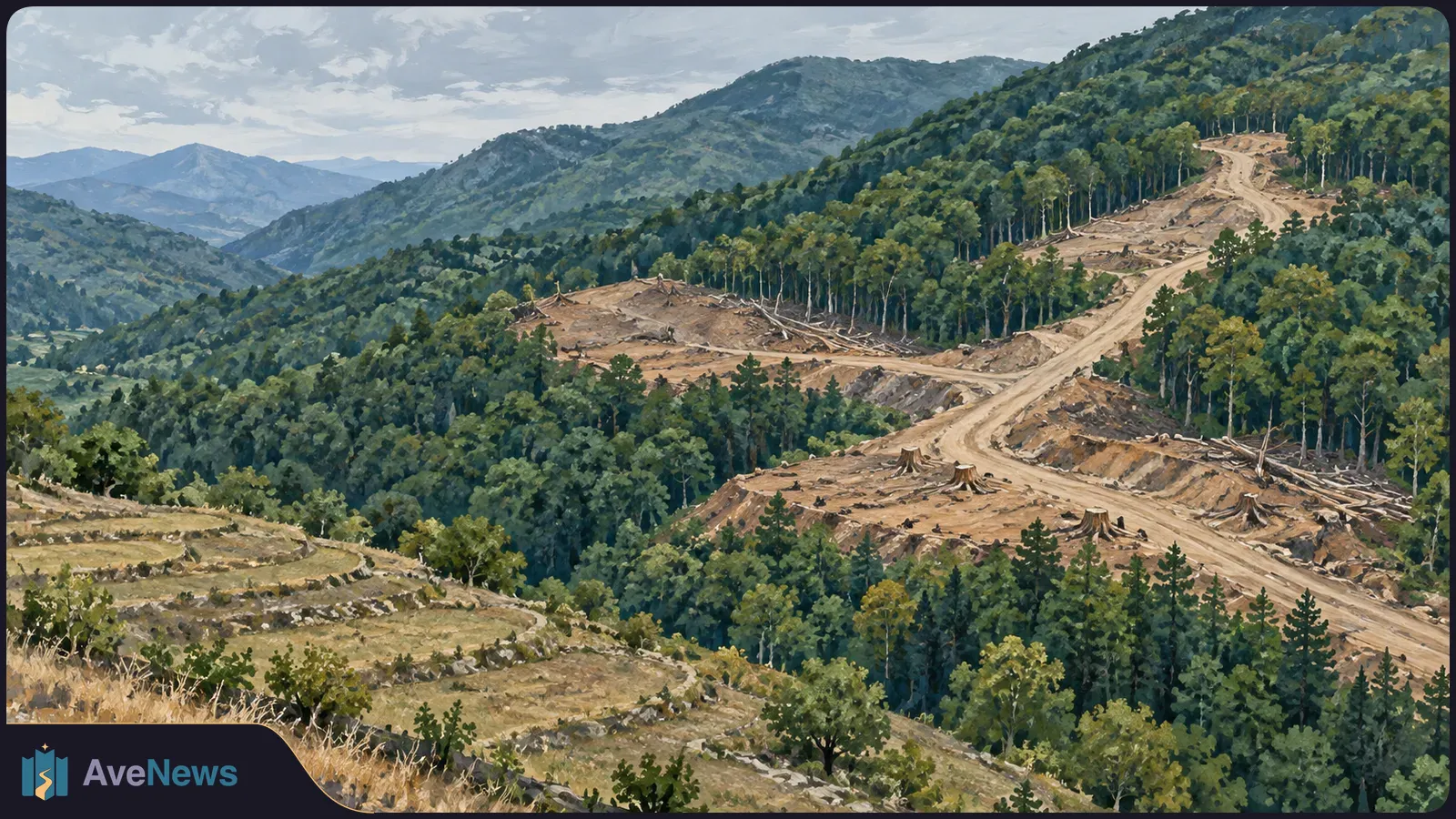 Illustration of a winding dirt road through a cleared mountainside, with tree stumps and logs beside dense forest; terraced fields lie in the foreground. SI illustration
