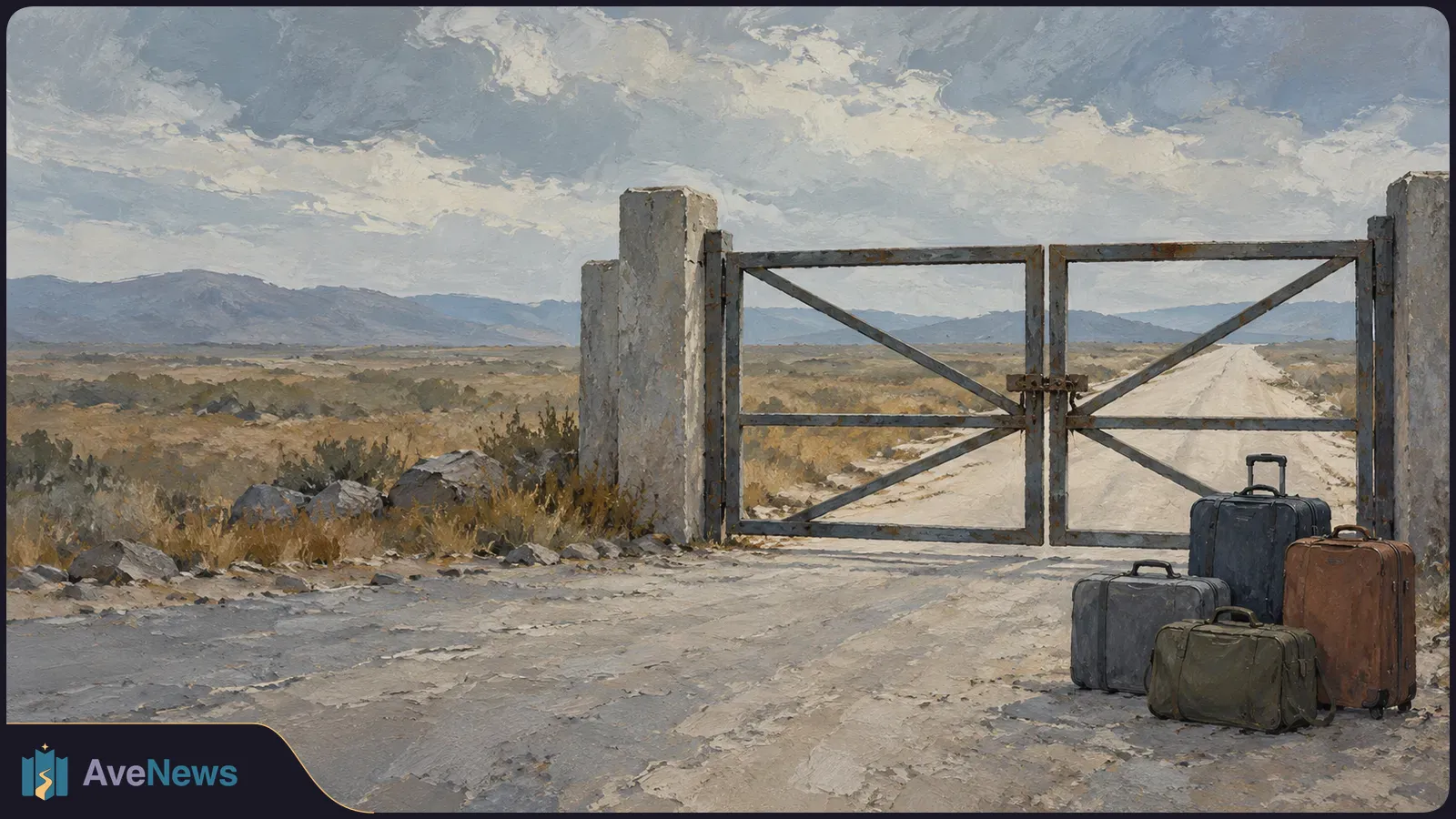 A painted scene shows four suitcases beside a closed metal gate across a dirt road, with dry scrubland and distant mountains under a cloudy sky. SI illustration
