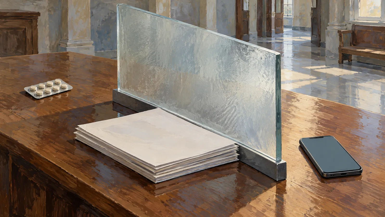 A painted scene of a wooden table with a frosted glass divider, a stack of blank papers, a blister pack of pills and a smartphone, with a bright hallway behind. SI illustration