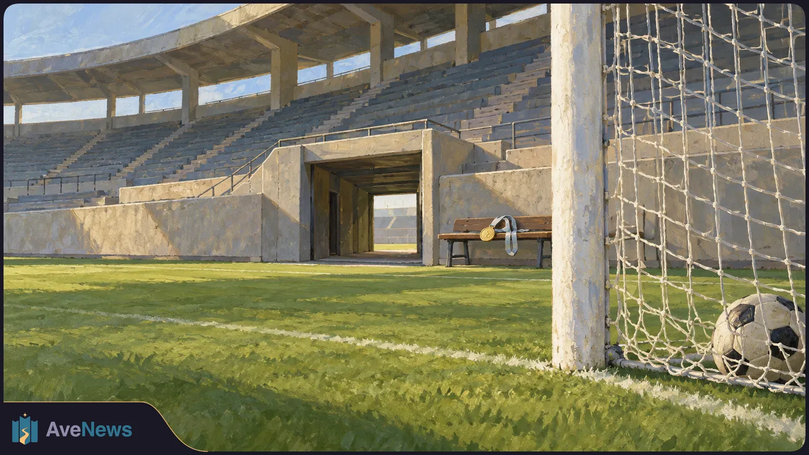 Painterly view of an empty football stadium. A ball rests inside the goal at right, and a gold medal with a pale ribbon sits on a bench near the tunnel. SI illustration