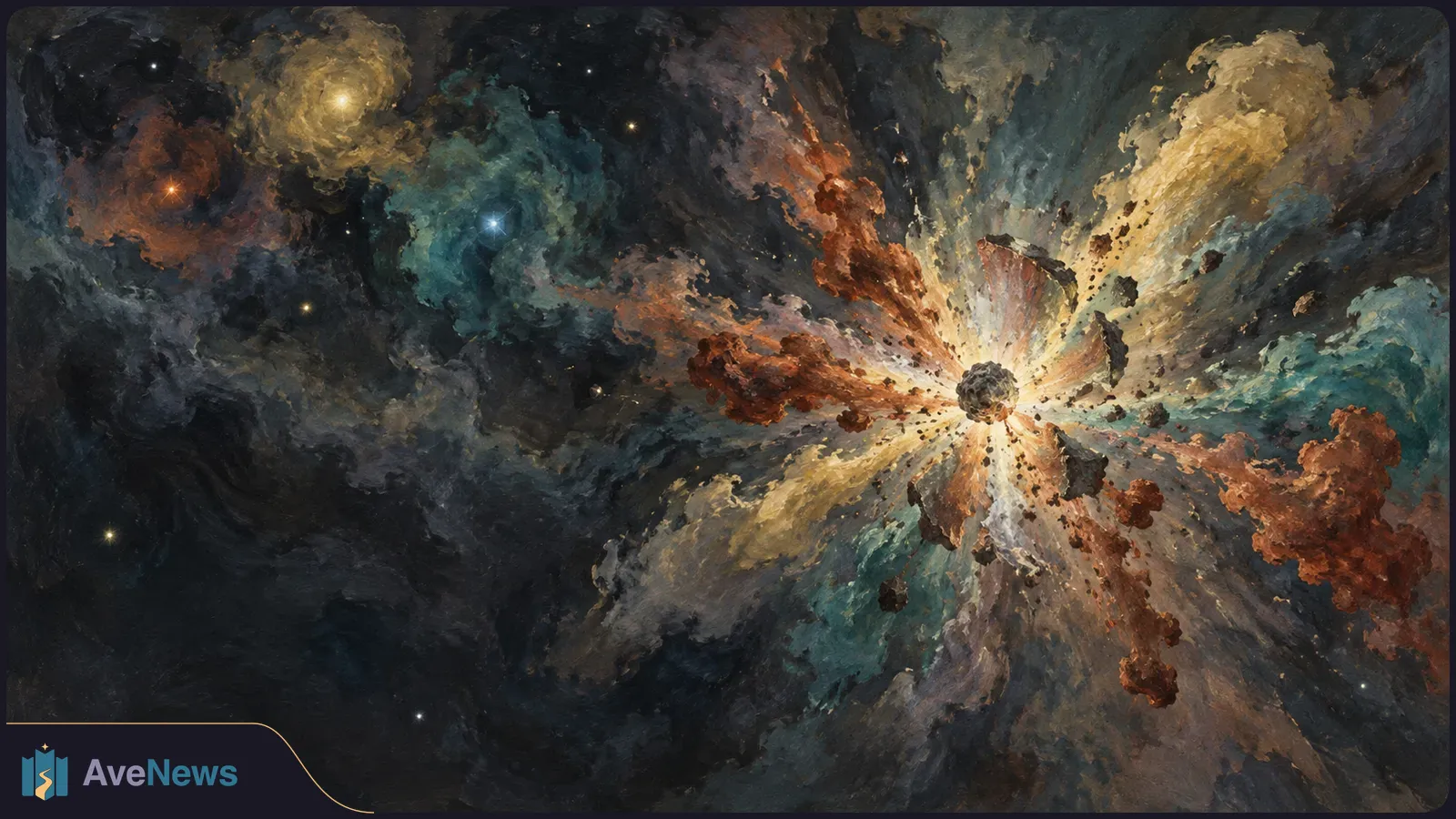 Painterly space scene with a bright central explosion sending uneven streams of teal, gold and rust-colored clouds and rocky fragments across a dark star field. SI illustration