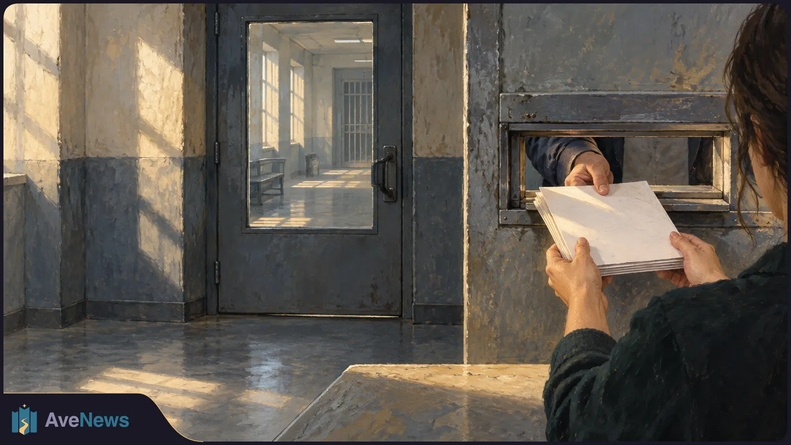 Illustration of a person receiving a stack of papers through a service window beside a heavy door; a sunlit corridor and barred gate are visible beyond. SI illustration